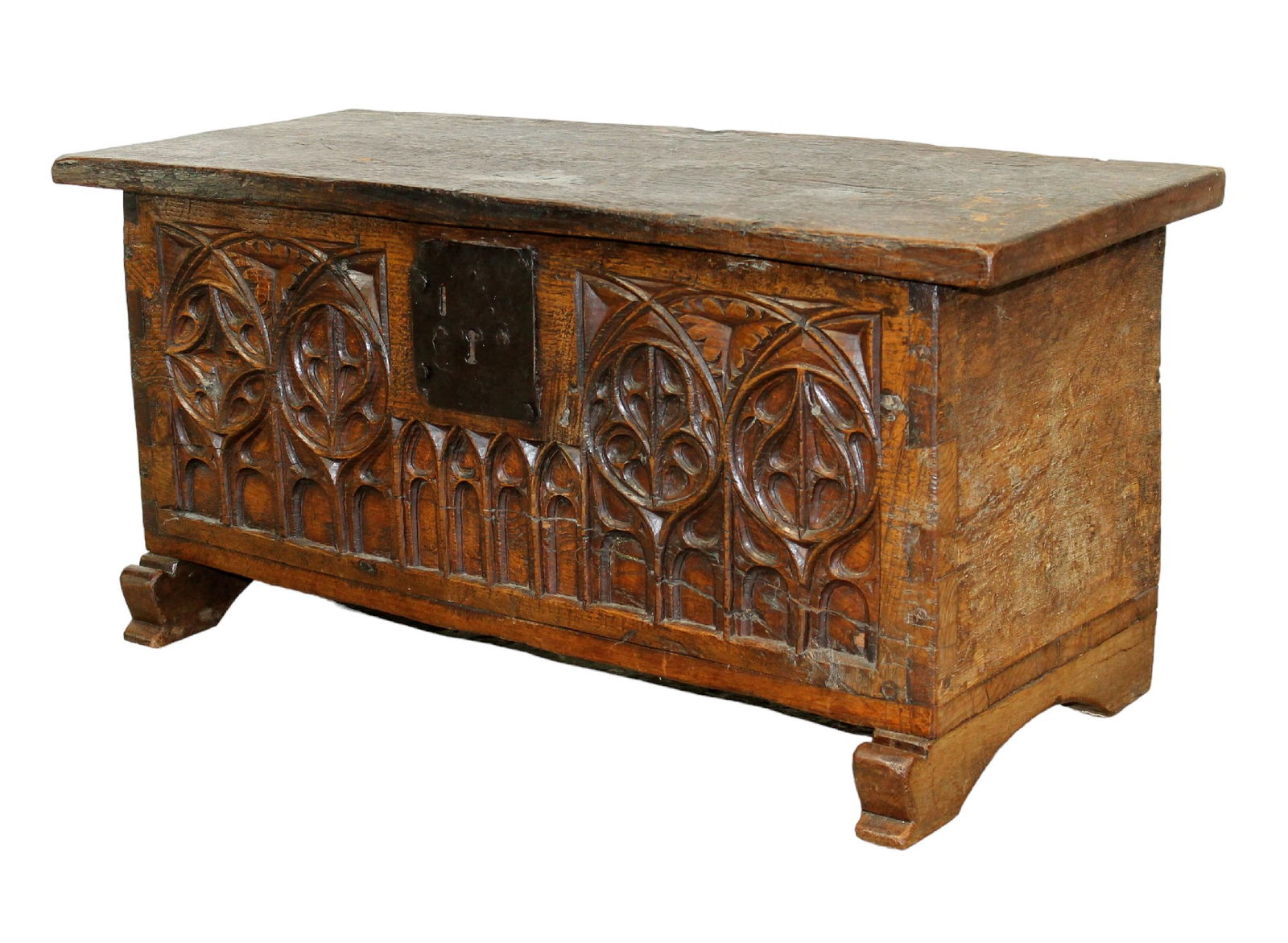 French Gothic Revival trunk in oak with iron hardware (1 of 8)