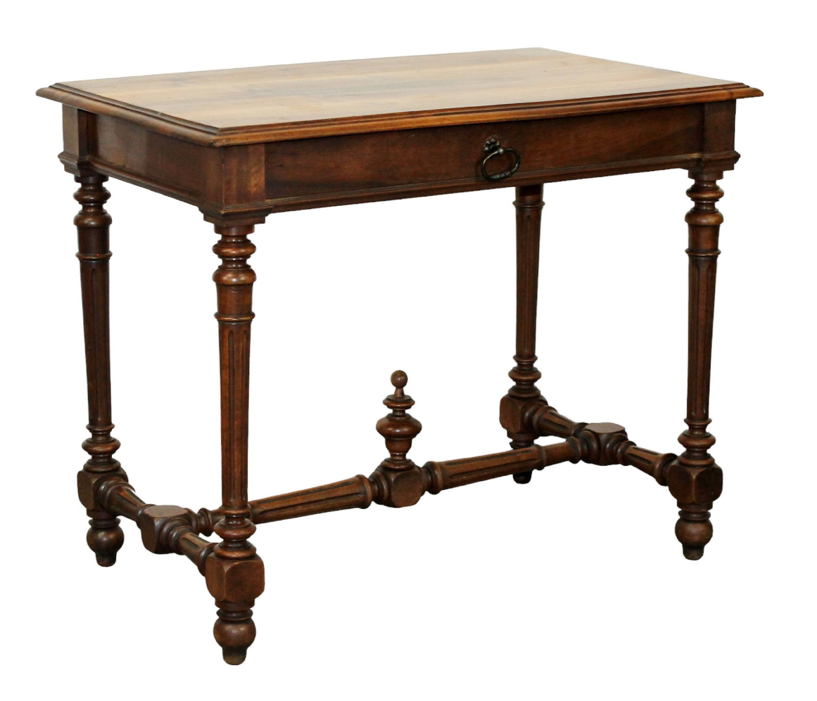 French bureau plat desk in walnut with drawer: French bureau plat desk in walnut with drawer. Early 20th century. 28 1/2"h x 35 1/2"w x 25 1/4"d
