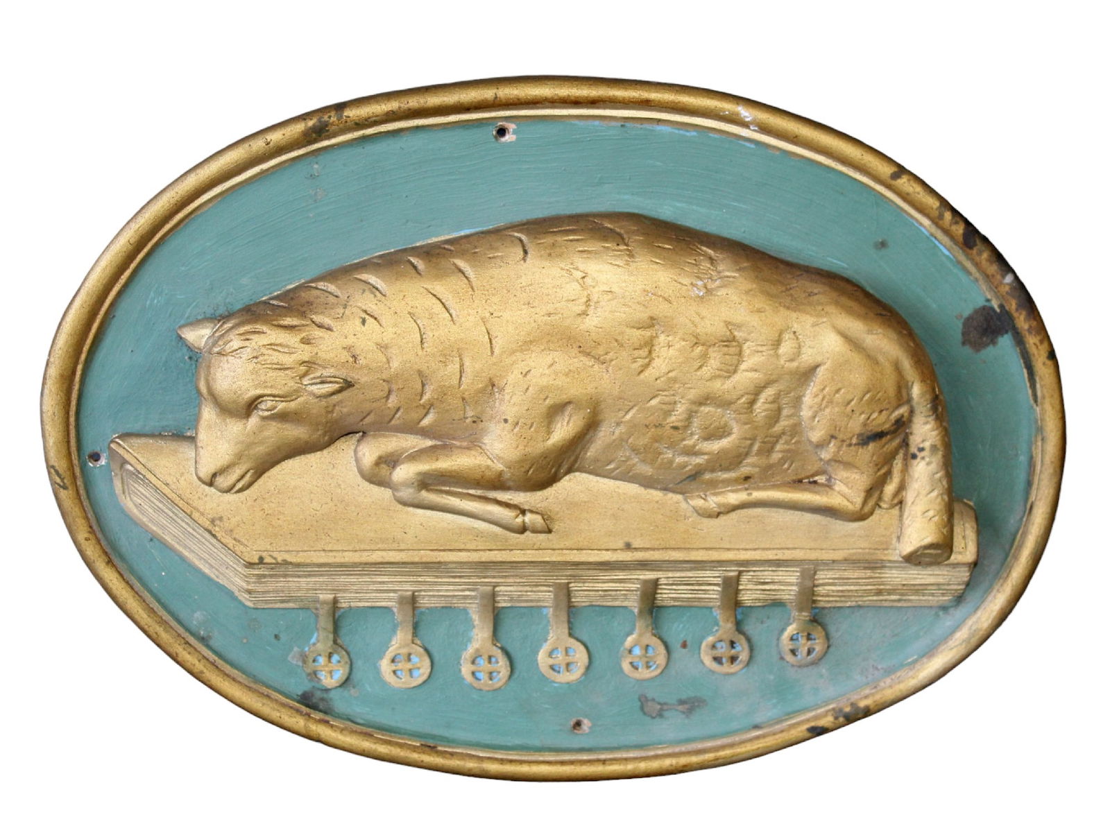 French polychrome carved wood wall plaque with Lamb of God in relief (1 of 7)