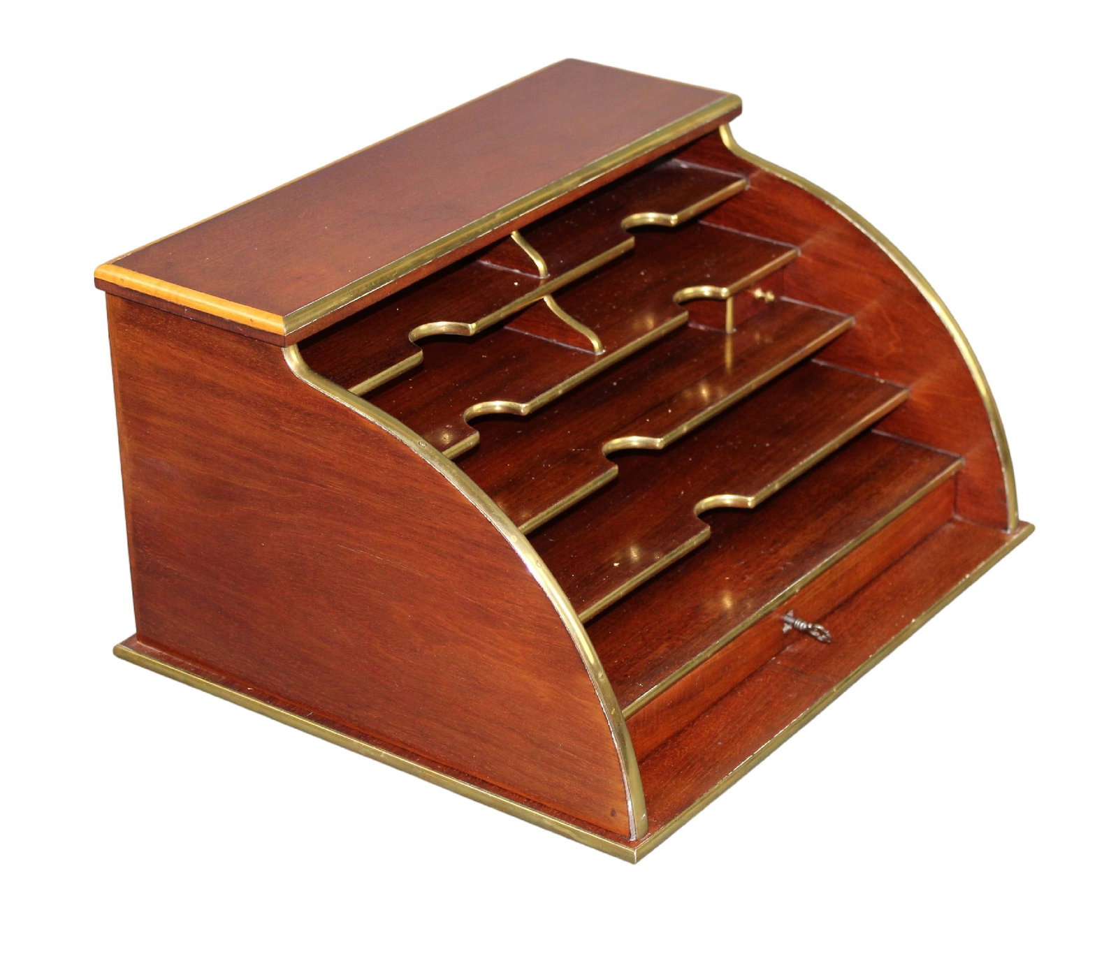 Mahogany desk organizer with bronze trim and locking drawer with key: Mahogany desk organizer with bronze trim and locking drawer with key. 8 7/8"h x 14"w x 11 5/8"d. Weight: 7lbs
