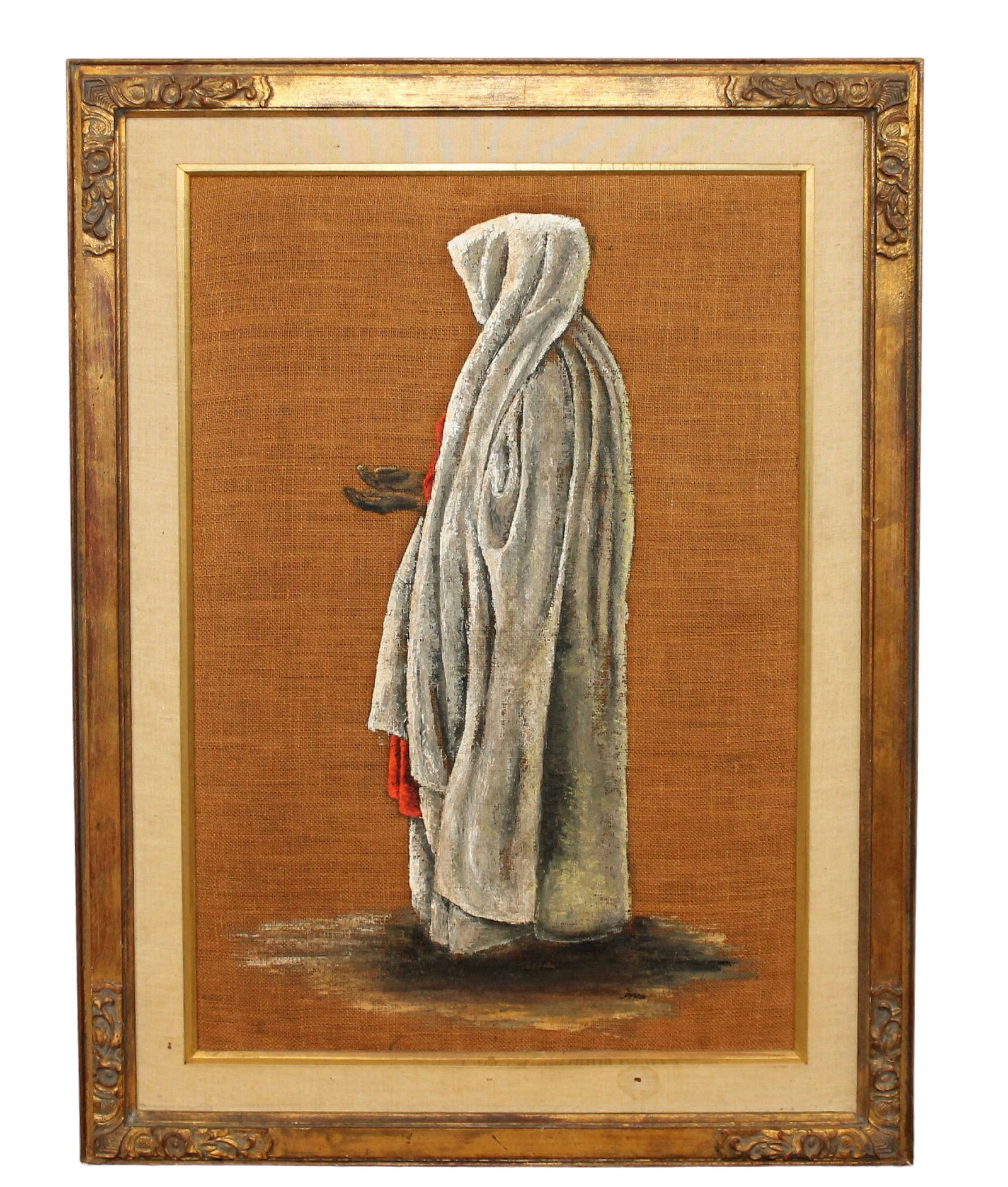 Oil on burlap painting portrait of a man with white cloth , signed Byron: Oil on burlap painting portrait of a man with white cloth , signed Byron. Overall: 45 1/4"h x 33 1/8"w. Sight size: 35 5/8"h x 23 1/2"w.