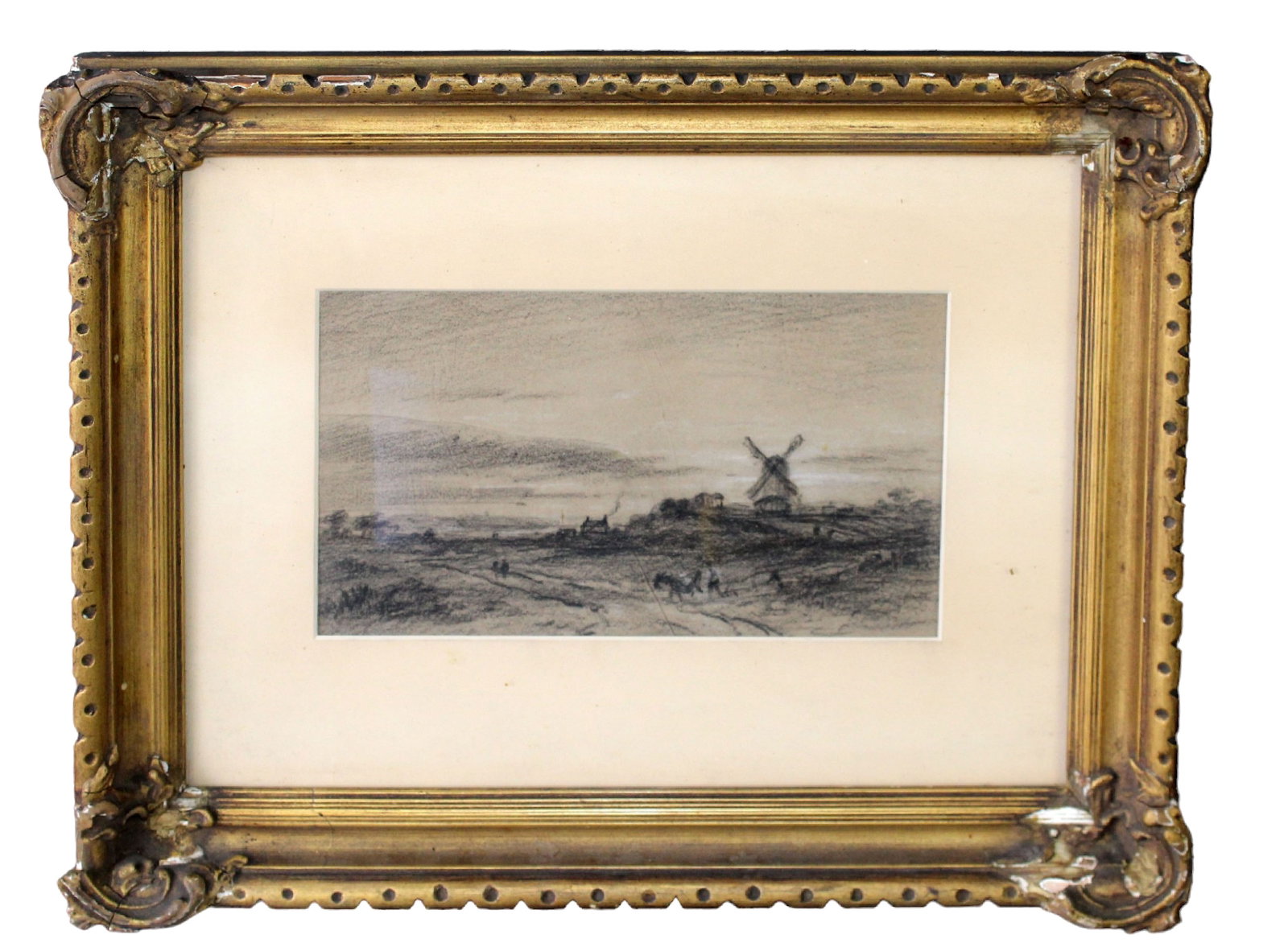 Charcoal on paper sketch of landscape with windmill: Charcoal on paper sketch of landscape with windmill. In ornate gilt frame. Overall: 13 1/2"h x 16 1/4"w. Sight size: 5 1/2"h x 9 1/8"w. Weight: 3lbs