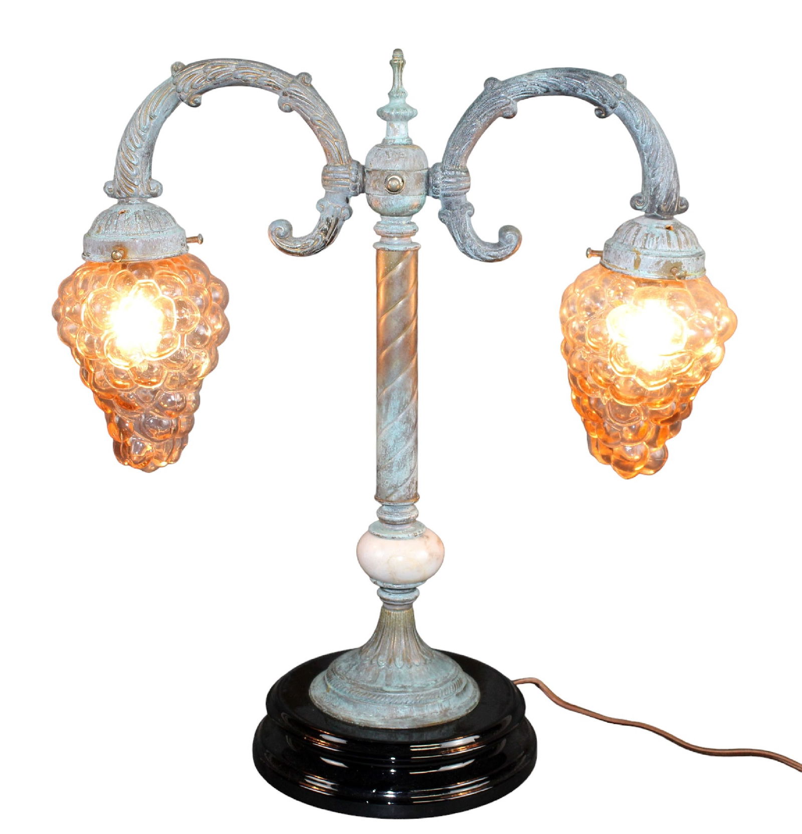 Verdigris metal 2-arm table lamp with grape form shades (1 of 10)