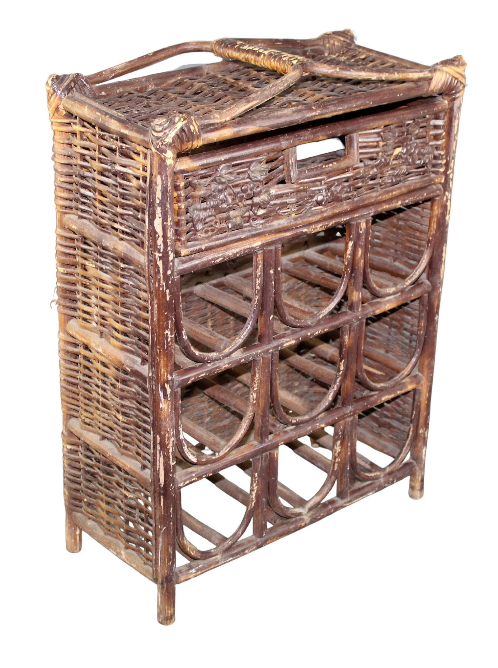 French wicker and bamboo wine bottle rack: French wicker and bamboo wine bottle rack. 25 3/8"h x 18"w x 9 1/8"d. Weight: 6lbs
