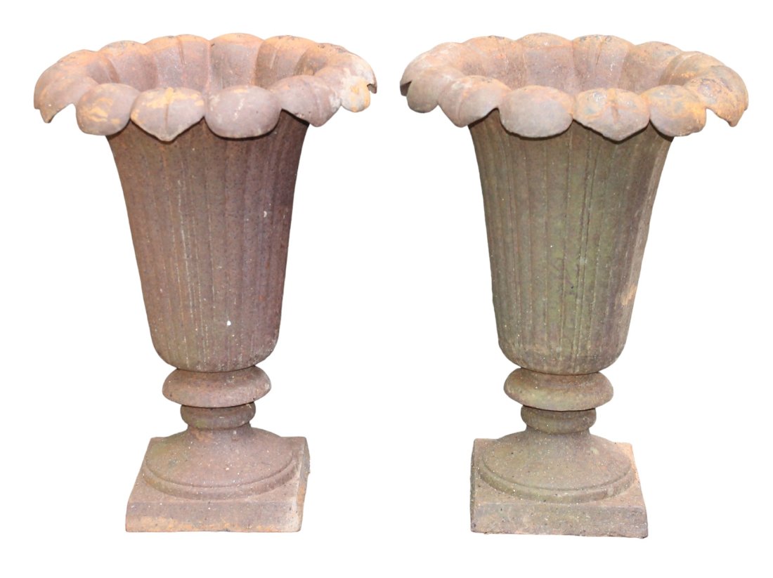 Pair of cast iron urns with floral petal form edge (1 of 5)