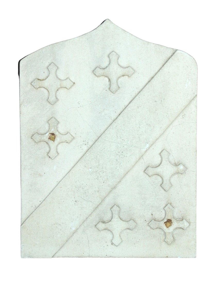 French Gothic Revival cut stone coat of arms: French Gothic Revival cut stone coat of arms. Mid 20th century. 22"h x 16 1/4"w x 2 3/4"thick Weight: 55lbs