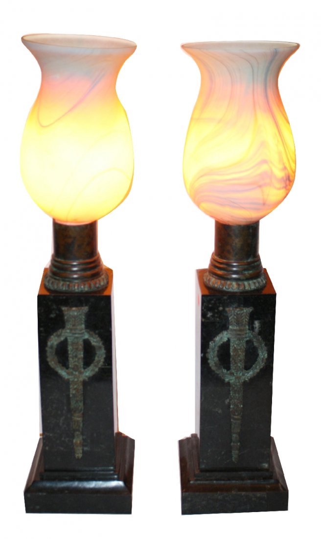 Pair of Maitland Smith marble & bronze lamps: with art glass shades 27 1/4"H x 6 1/2"W