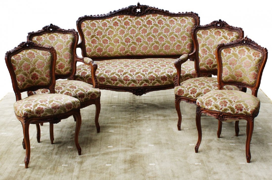 Late 19th c. French 5 pc Louis XV carved walnut pa: Set consists of a settee, 2 armchairs & 2 side chairs . Small tear in upholstery