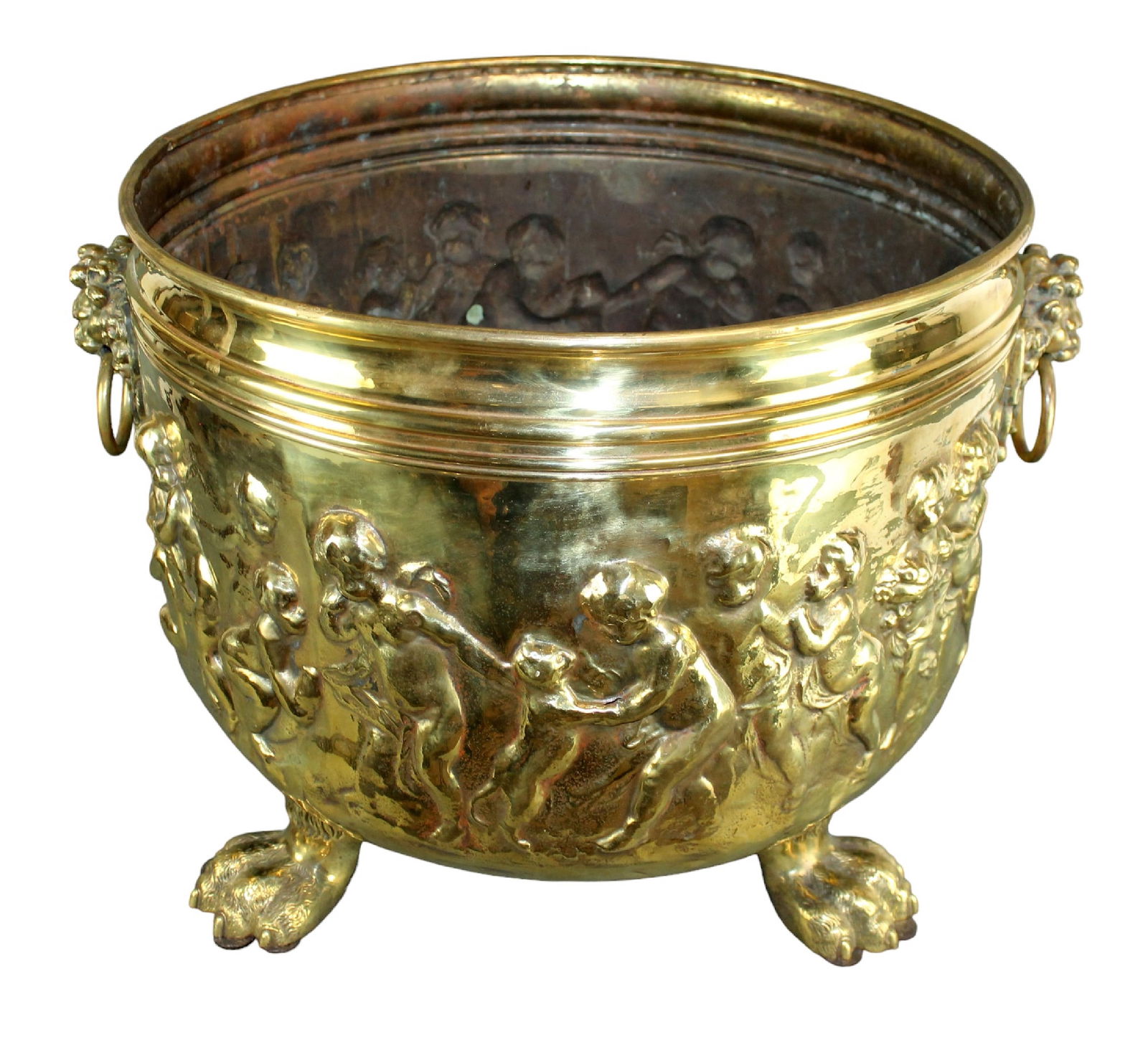 Large Georgian brass cachepot with cherubs in relief on paw feet (1 of 10)
