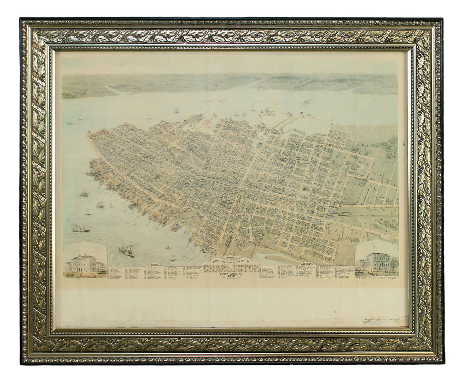 Reprinted map of 1872 birds eye view of Charleston map as drawn by C. Dire: Reprinted map of 1872 birds eye view of Charleston map as drawn by C. Dire. Marked "Printed in the USA" lower left and "Reproduced from a lithograph in the Library of Congress" on the lower right. 19 