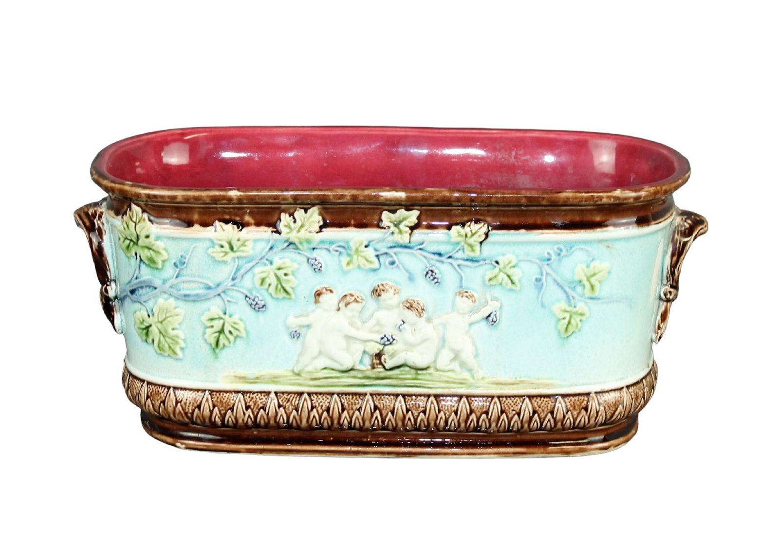 French Majolica oval cachepot with cherubs in relief (1 of 10)