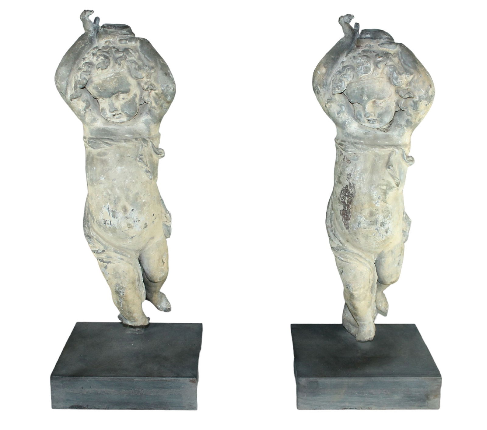 Pair of Flemish Baroque lead cherub statues mounted on iron stands (1 of 13)