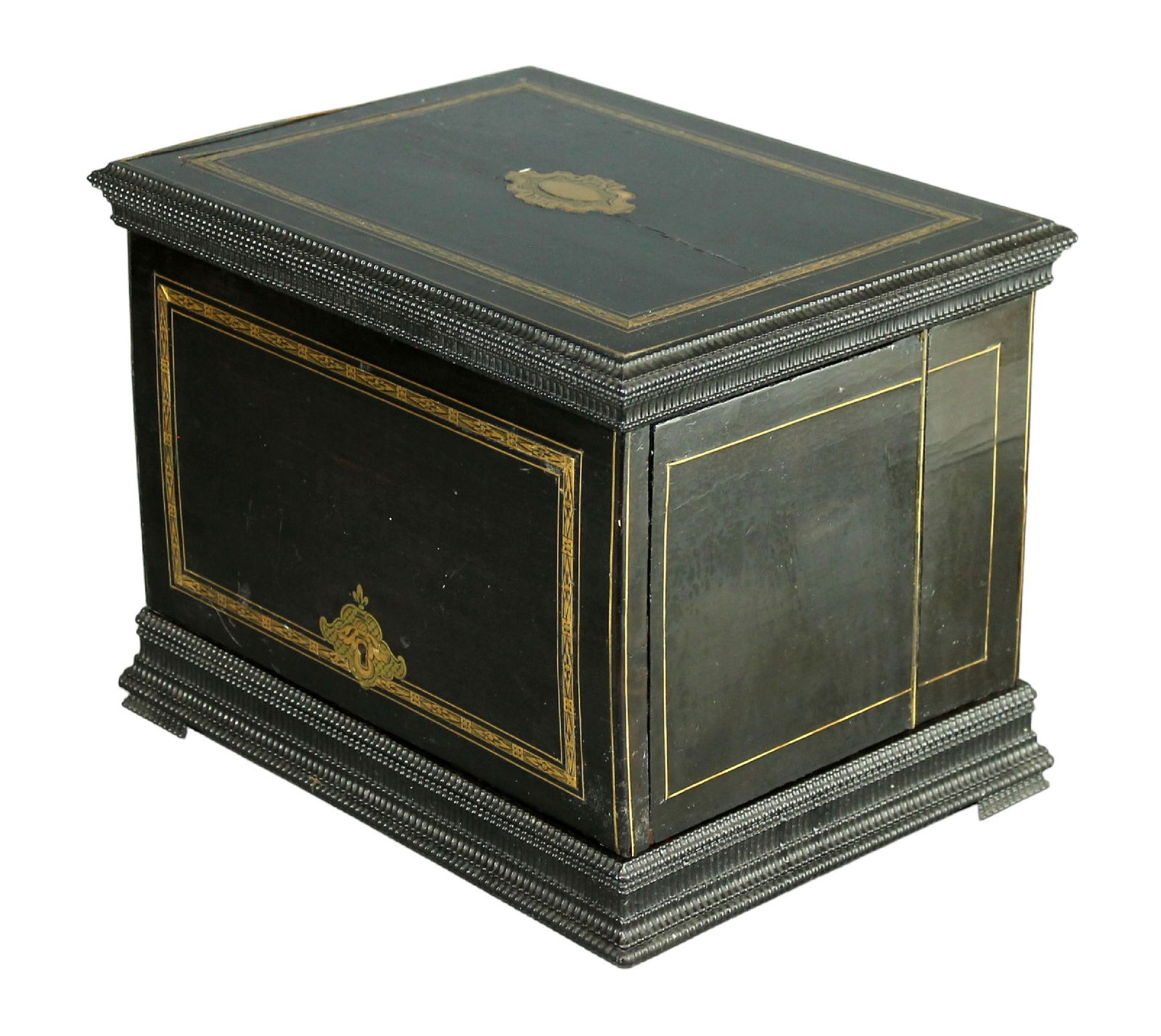 French Napoleon III ebonized tantalus box with brass inlay (1 of 11)