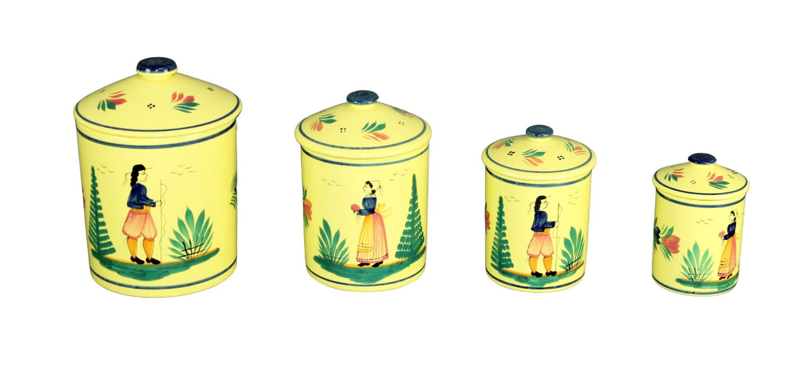 Set of 4 Henriot Quimper Faience Soleil hand painted cannisters (1 of 13)
