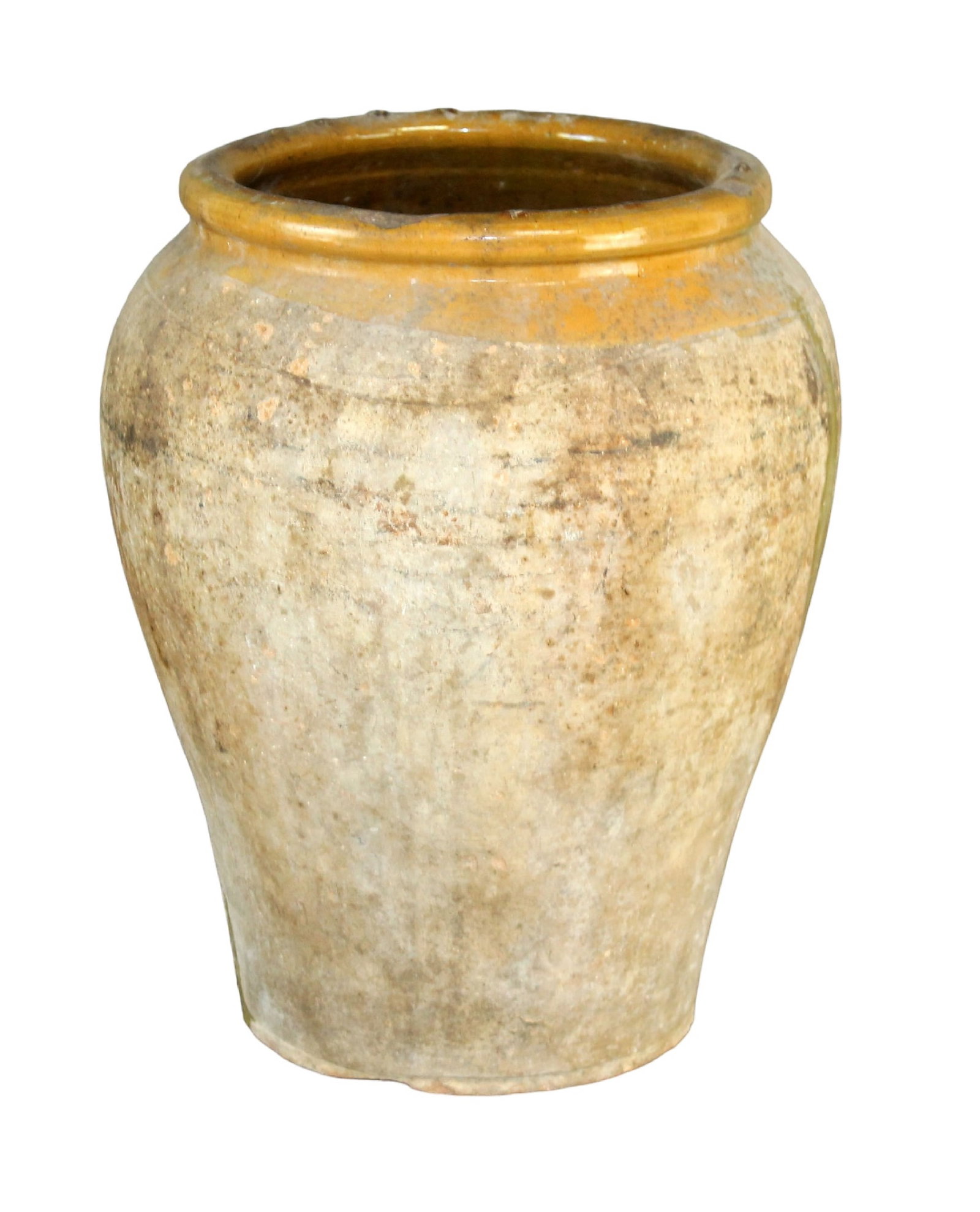 French slip glazed terra cotta olive jar: French slip glazed terra cotta olive jar. Early 20th century. 15"h x 12"diameter. Weight: 16lbs