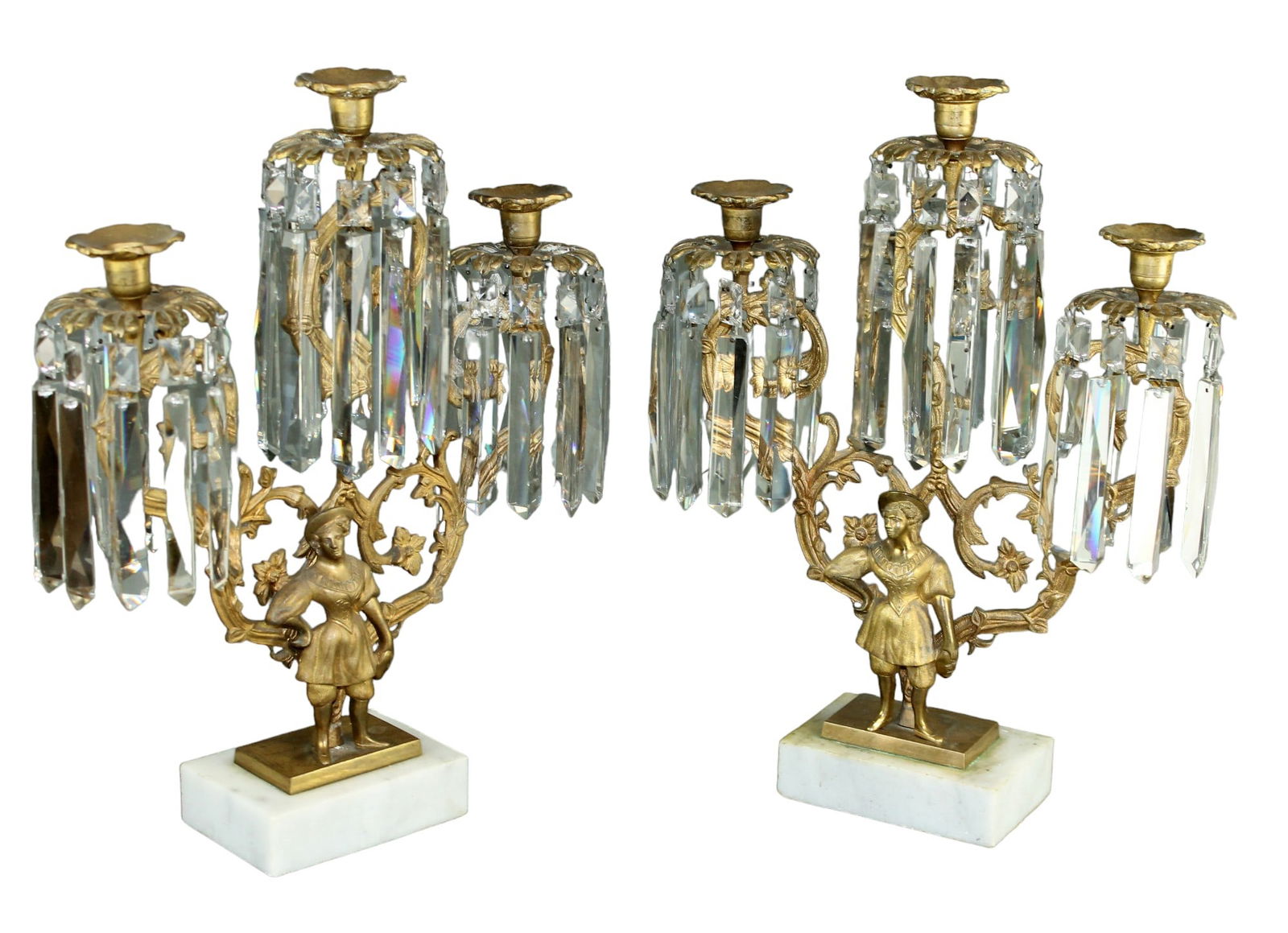Pair of French girondoles figural candle holders in bronze with crystal prisms (1 of 10)