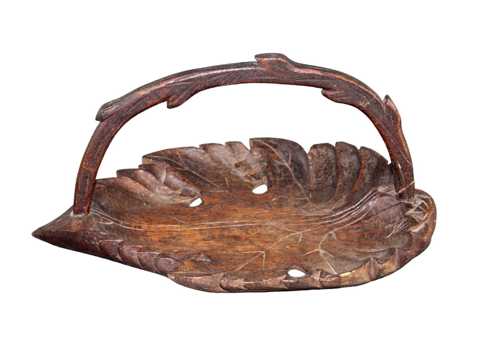 French carved oak leaf tray with branch handle: French carved oak leaf tray with branch handle. Mid 20th century. 7 1/4"h x 11 1/2"w x 15"d. Weight: 2lbs
