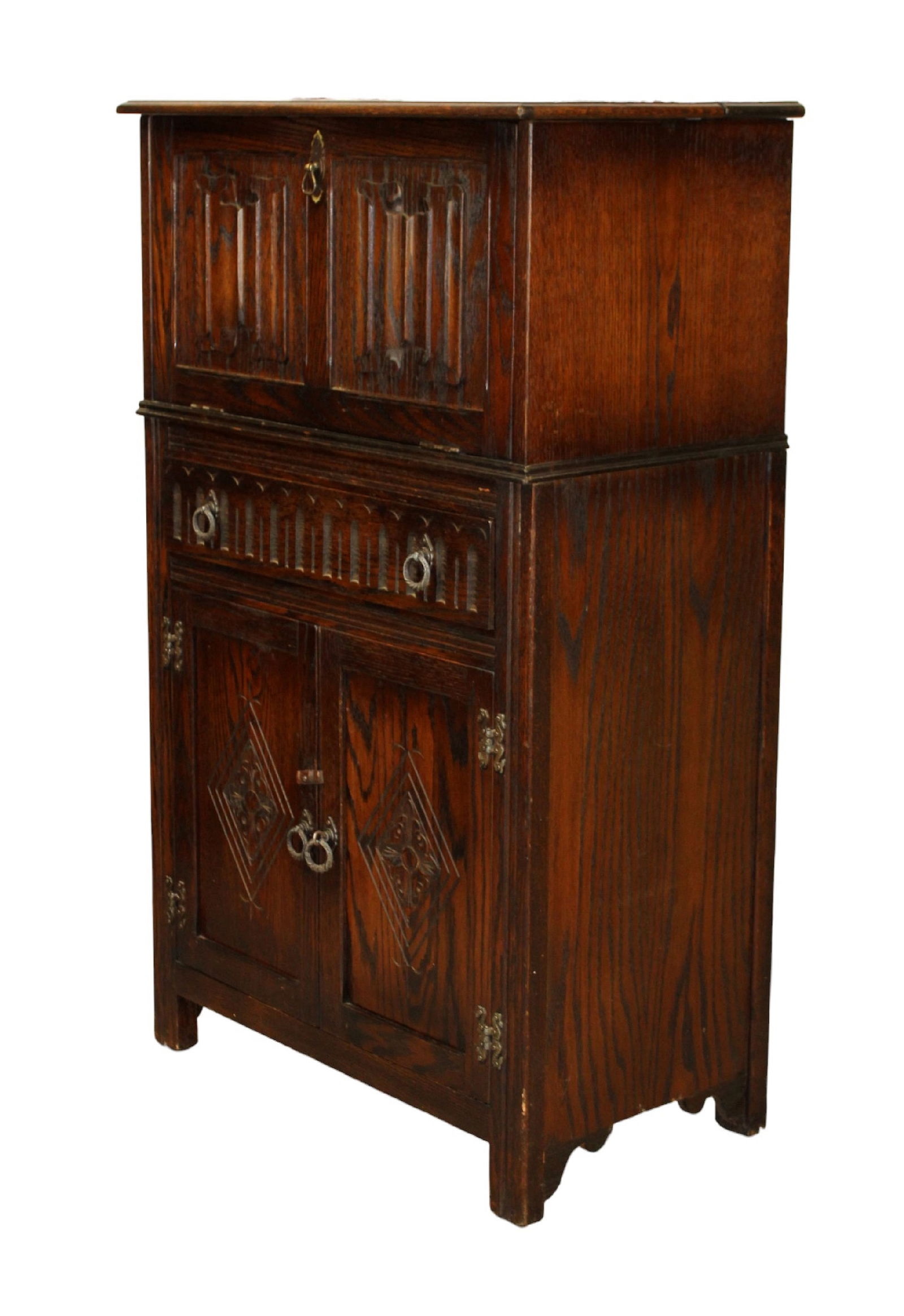 English oak drop front bar cabinet with linen fold panels (1 of 12)