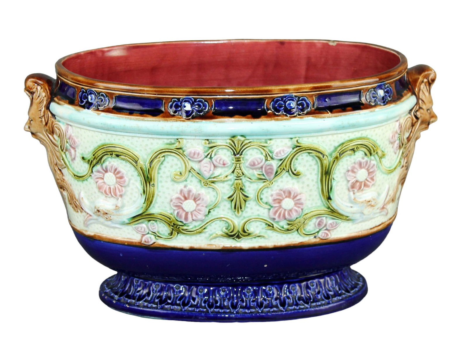 Large oval French Majolica cachepot with flowers and figural mask (1 of 11)