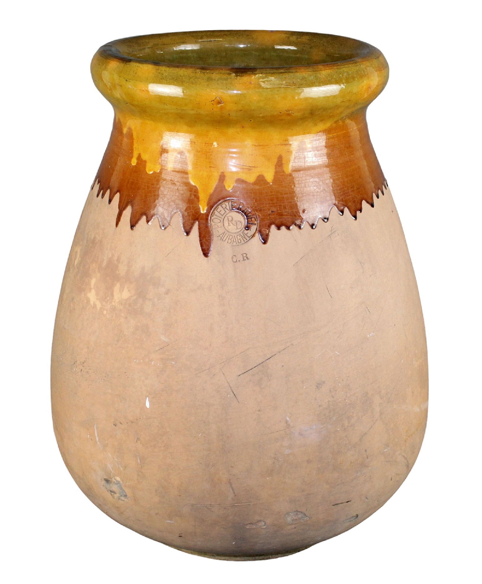 French Poterie Ravel drip glazed terra cotta jar with initials CR (1 of 8)