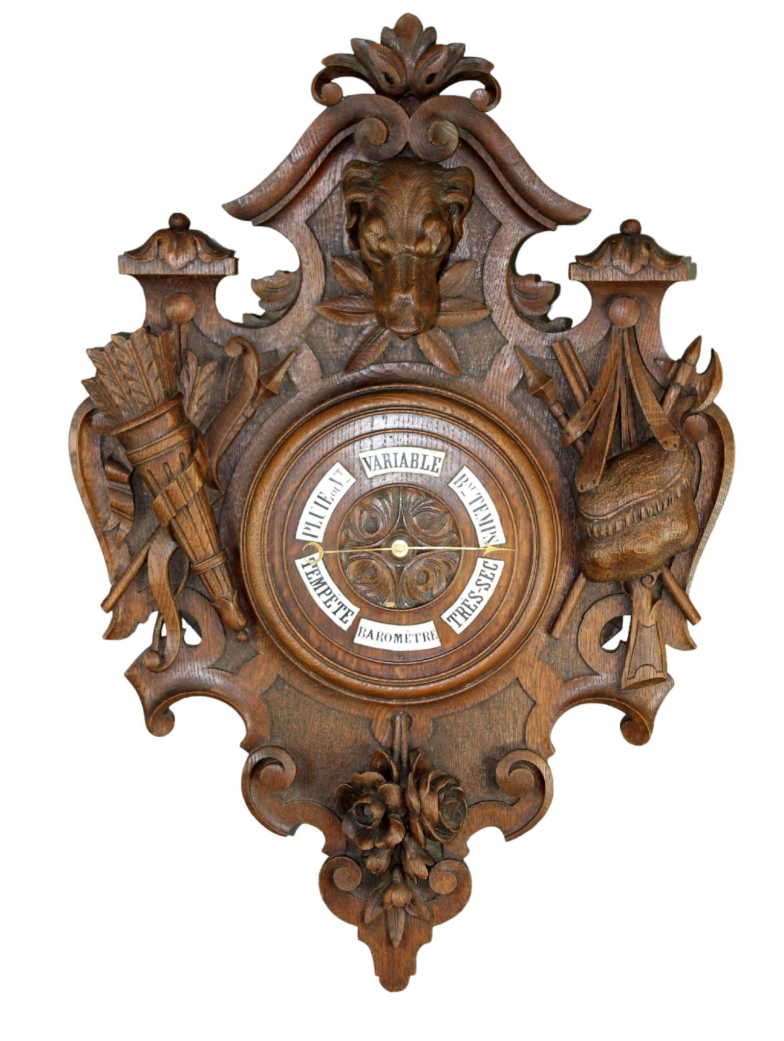 French barometer in oak with carved game and dog head (1 of 8)