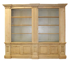 French Classical bleached oak open bookcase with fluted pilasters and ionic capitals