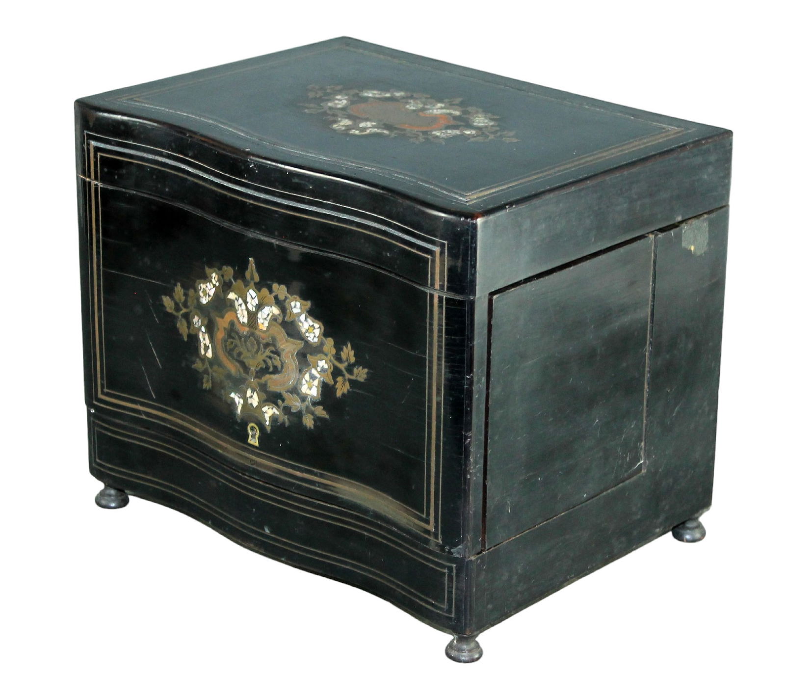 French Napoleon III ebonized tantalus box with inlay (1 of 9)