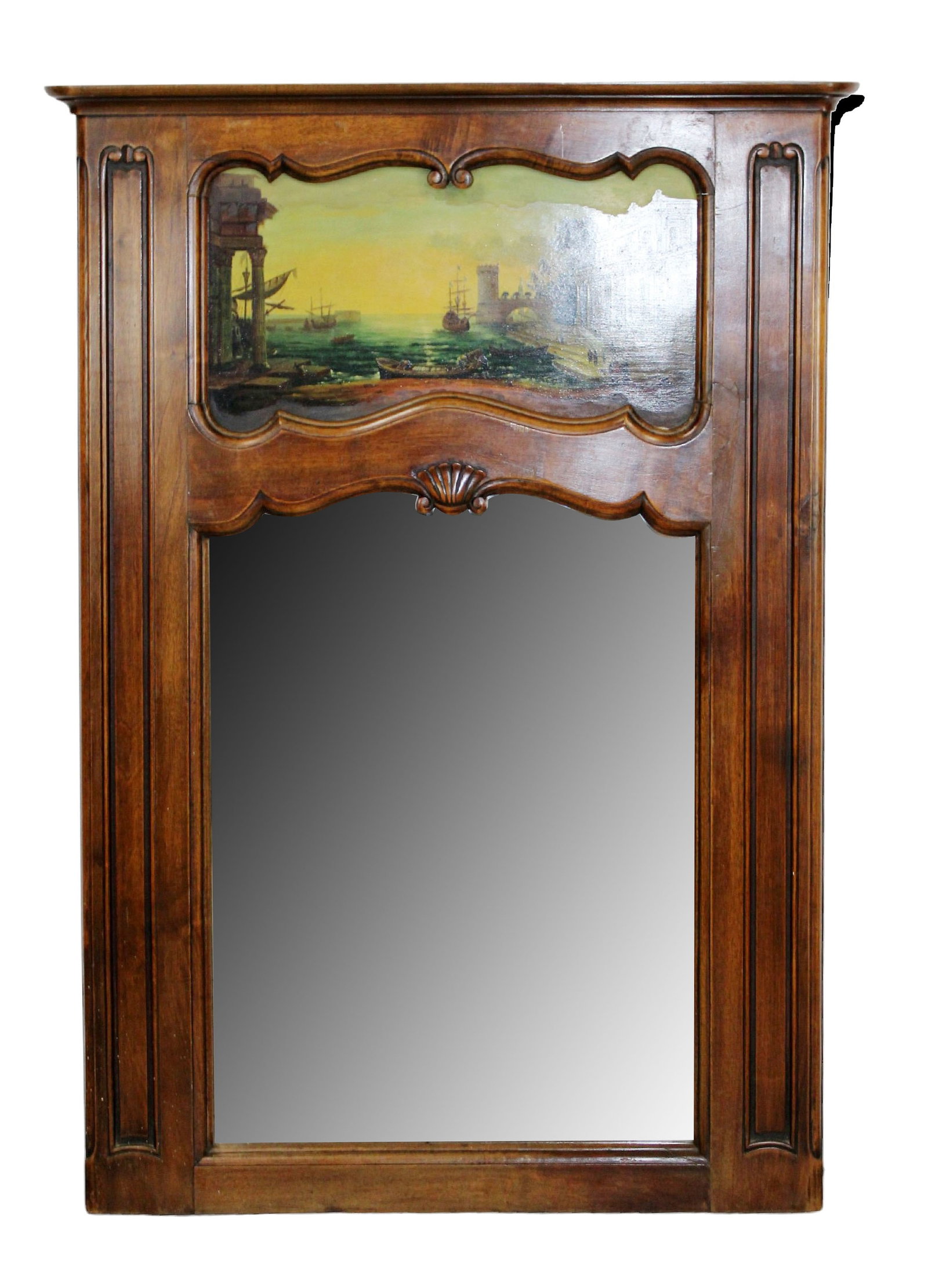 French Trumeau mirror in walnut with landscape painting: French Trumeau mirror in walnut with landscape painting. Early 20th century. 54"h x 38"w x 3"d.