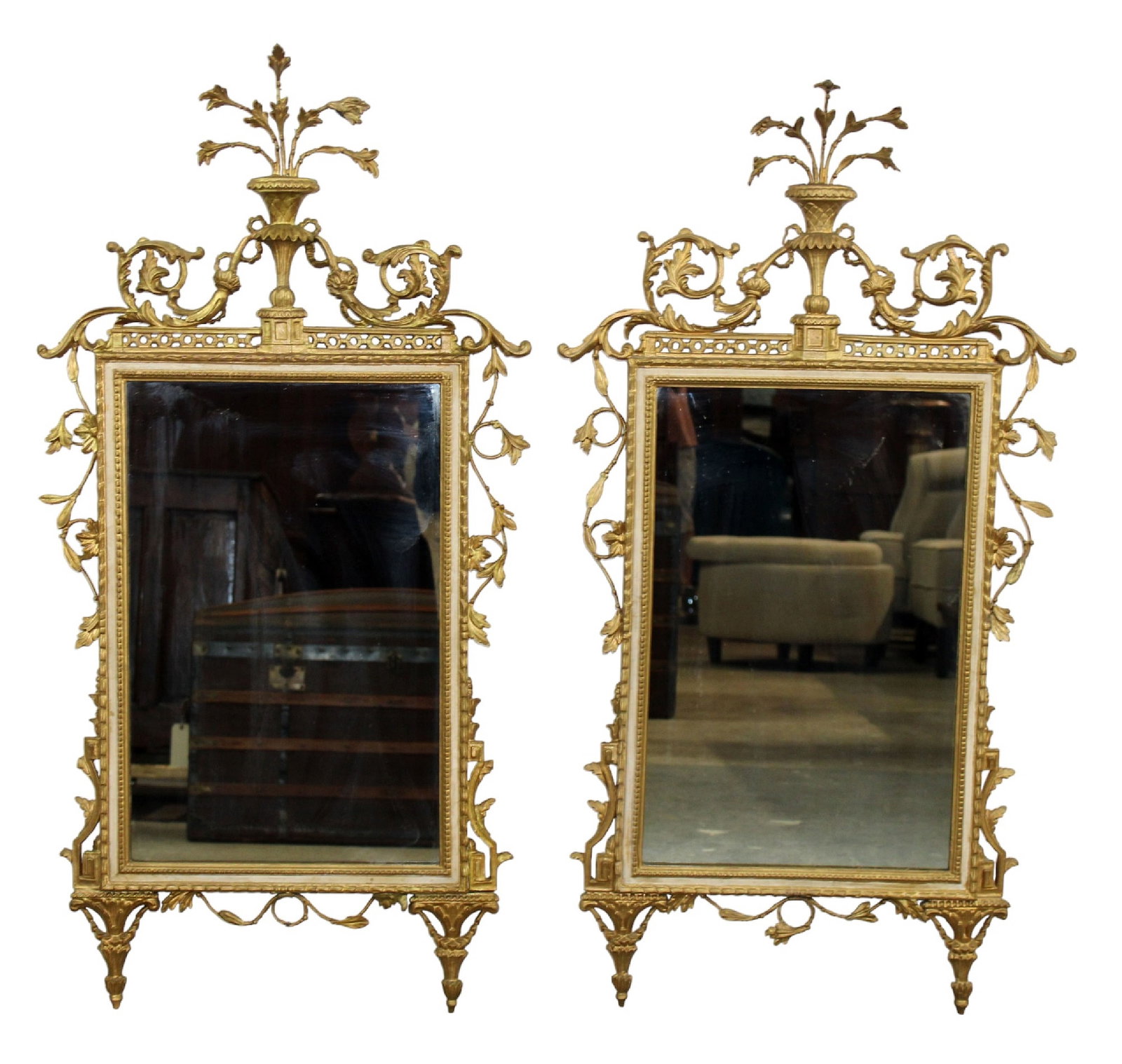 Pair of Italian Chippendale giltwood mirrors with flowering urns: Pair of Italian Chippendale giltwood mirrors with flowering urns. Mid 20th century. Each measure: 46 5/8"h x 23"w