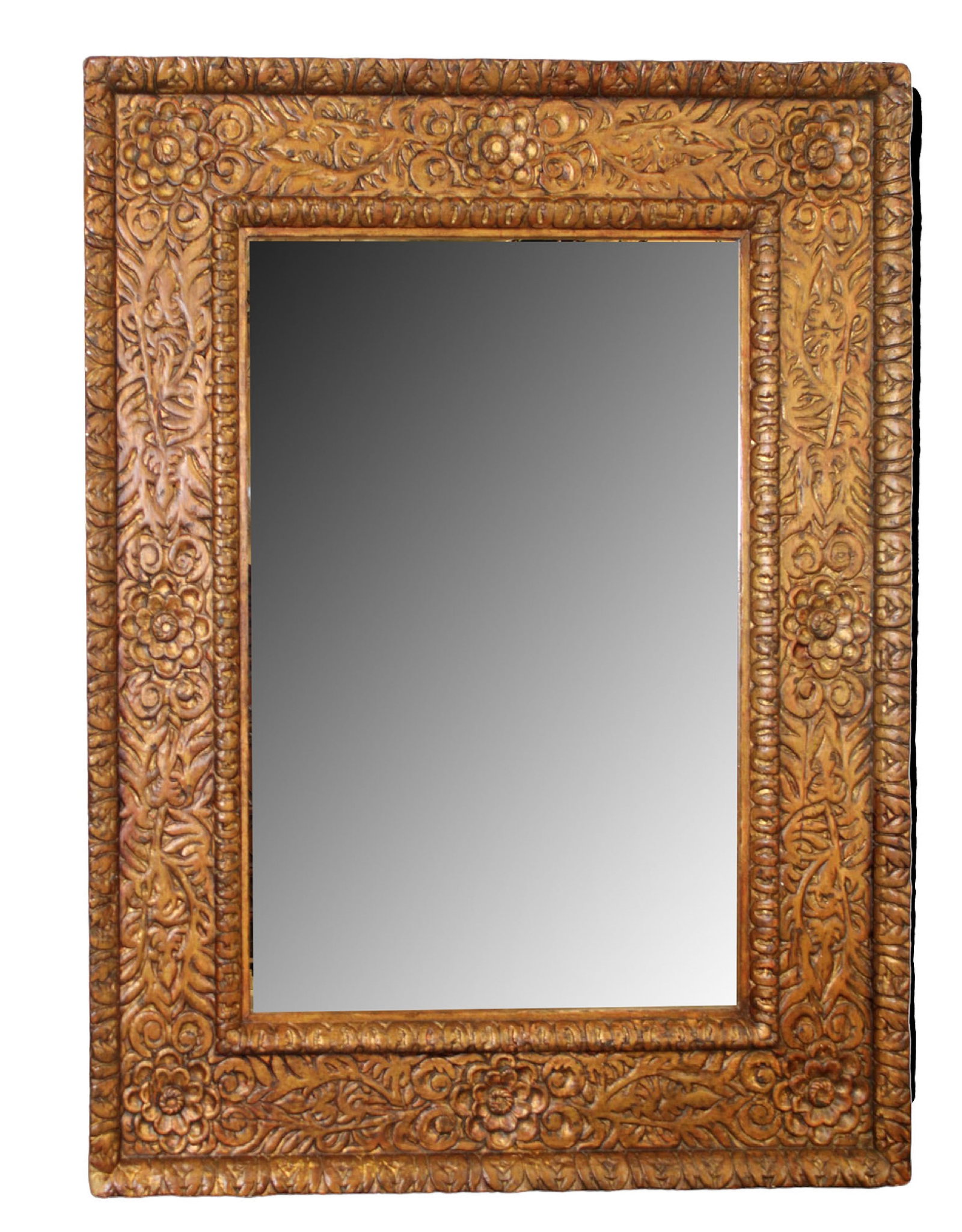Alfonso Marina mirror with painted floral flame: Alfonso Marina mirror with painted floral flame. 63"h x 49"w x 3"d.