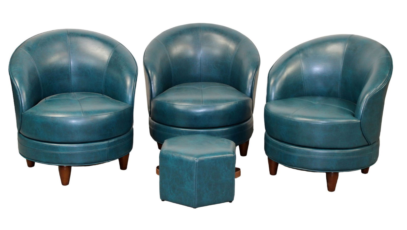 Lot of 3 Frontgate turquoise leather swivel chairs with footstool (1 of 9)