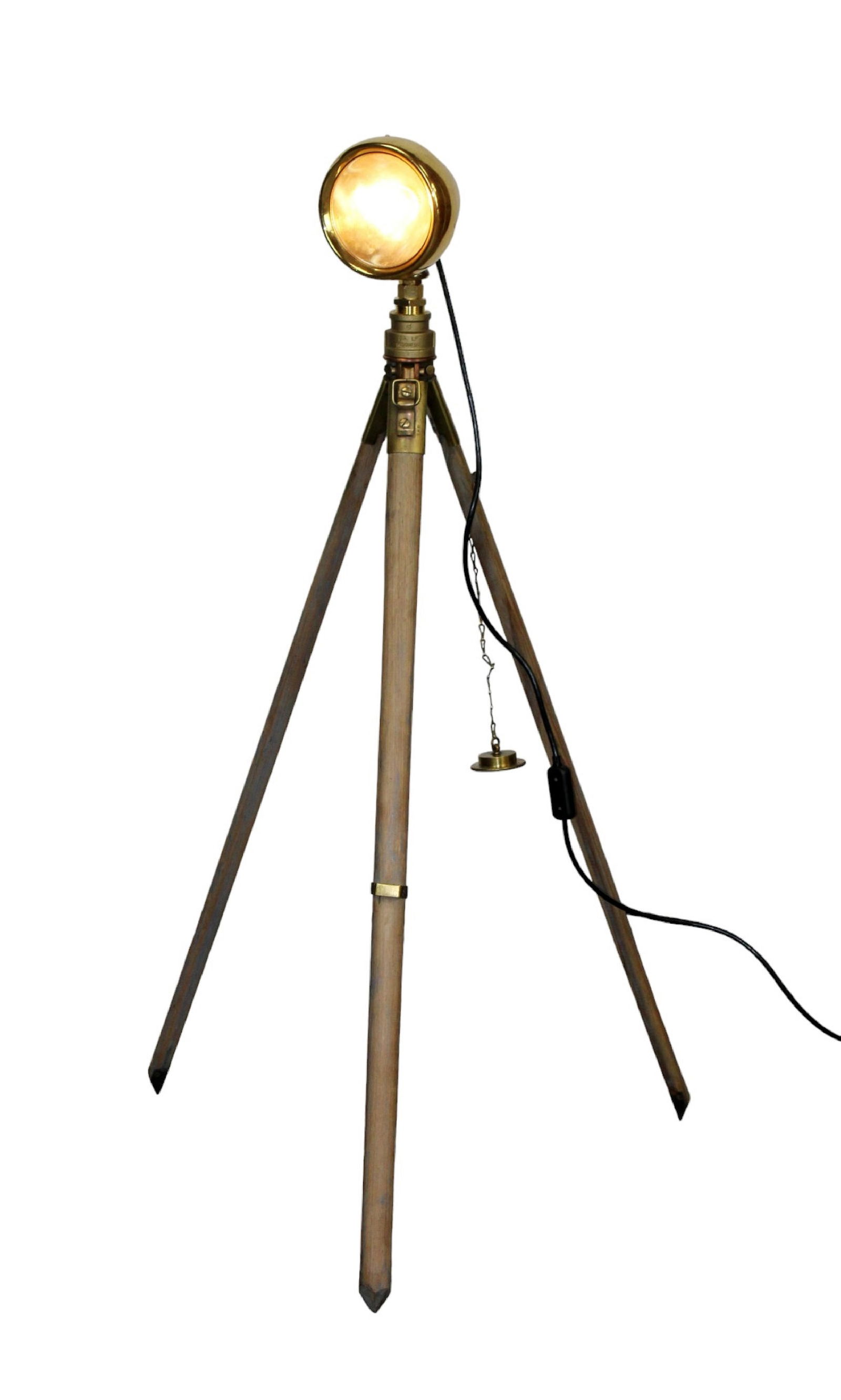 English brass spotlight mounted on WW II tripod stand (1 of 7)