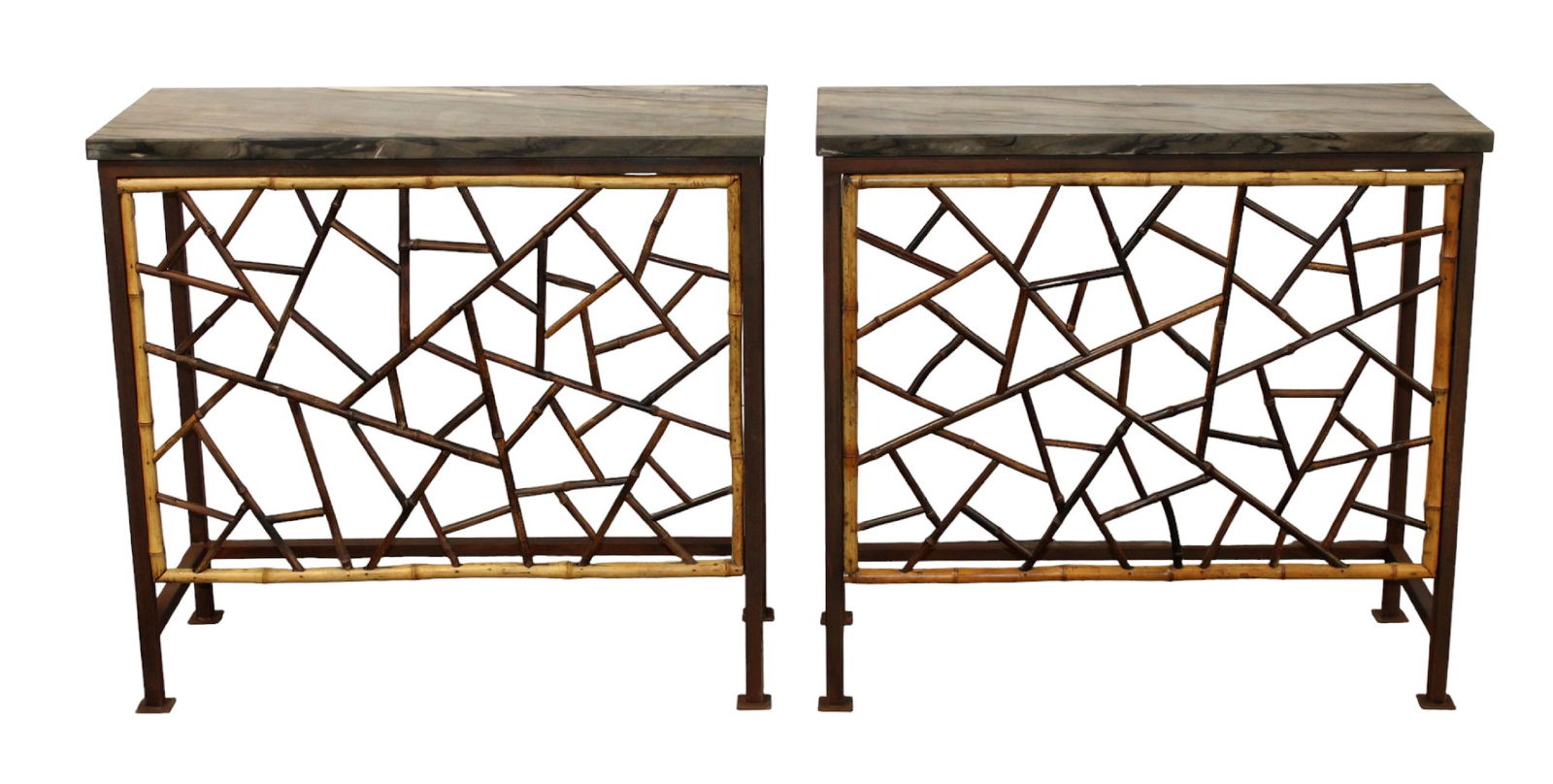 Pair of iron and bamboo marble top console tables (1 of 14)