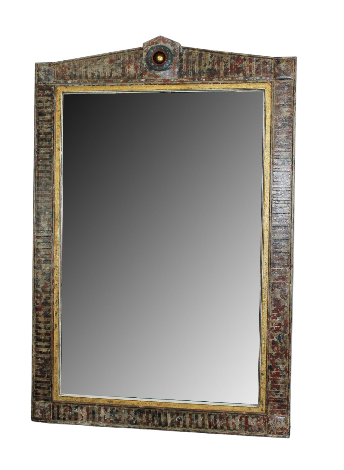 Peak top beveled glass mirror with painted finish: Peak top beveled glass mirror with painted finish. 21st century. 63 3/4"h x 42 3/4"w