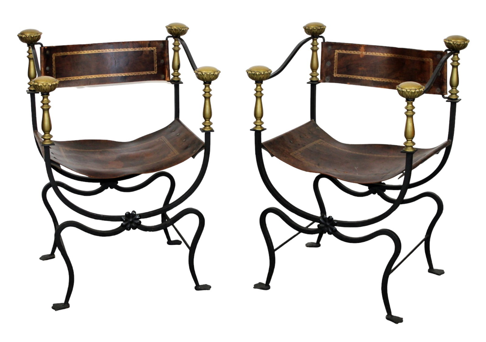 Pair of Italian iron and tooled leather campaign chairs (1 of 11)