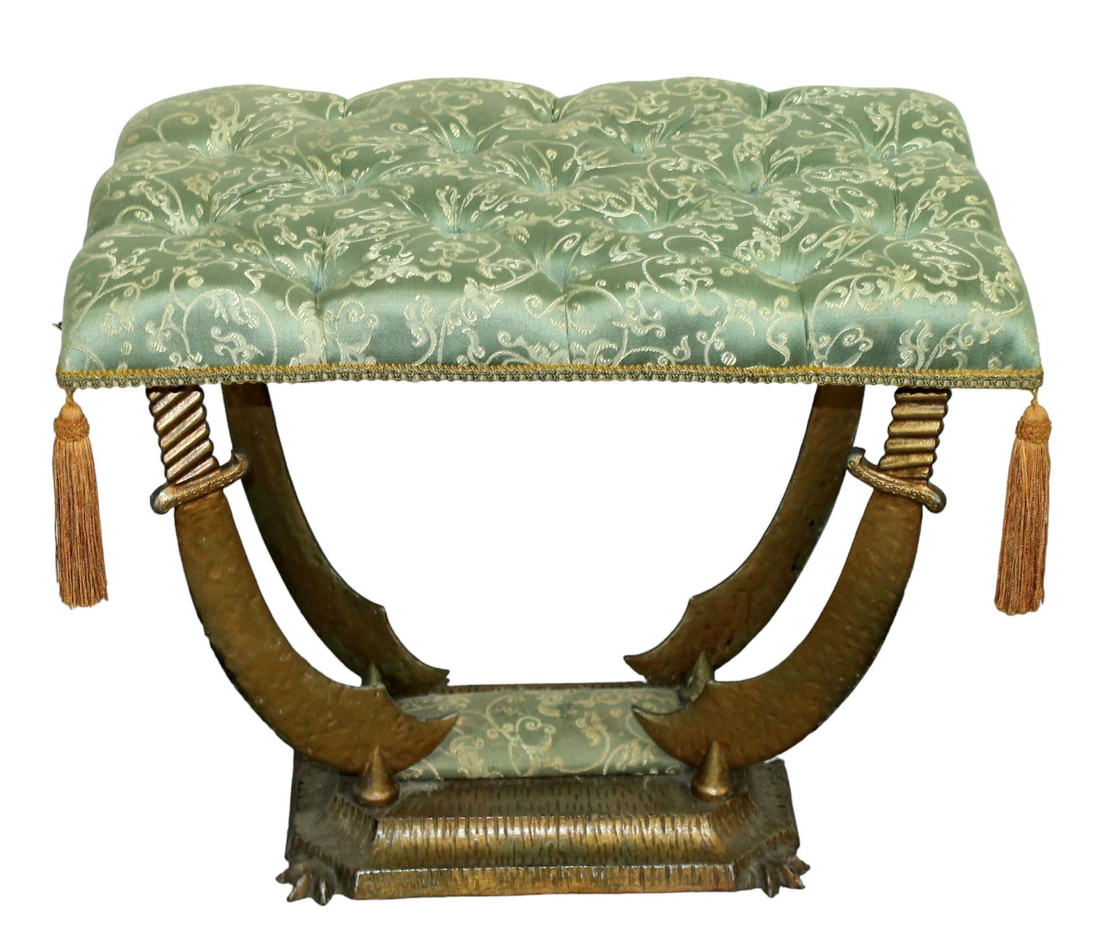 Vintage iron stool on scimitar sword form base with tufted upholstered seat: Vintage iron stool on scimitar sword form base with tufted upholstered seat. Mid 20th century. 18"h x 23 1/2"W x 15"d