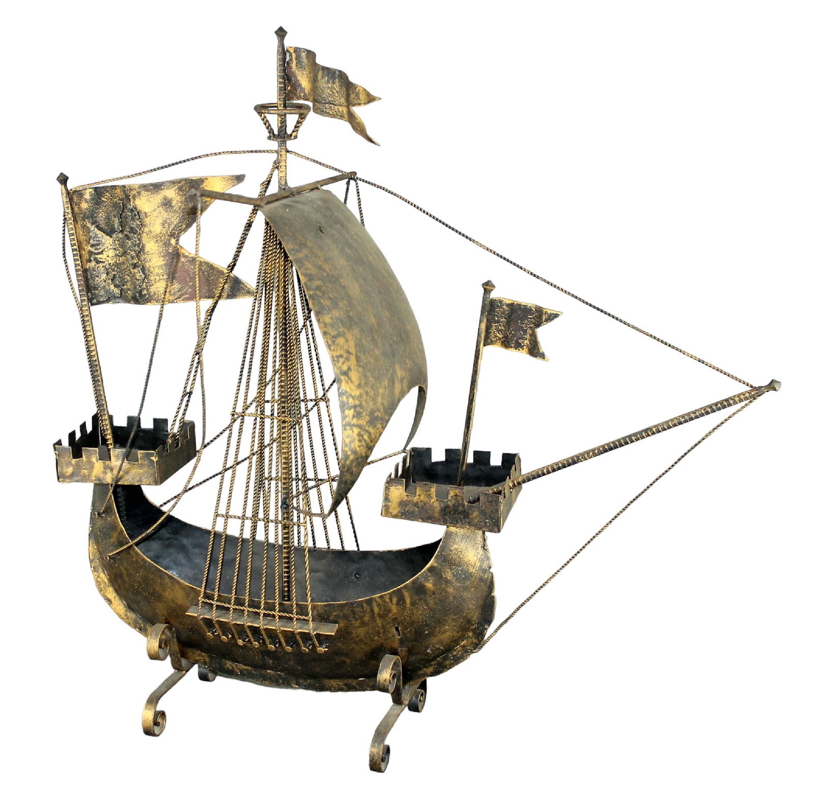 1970's gilt metal Spanish Galleon ship model: 1970's gilt metal Spanish Galleon ship model. 28"h x 28"w x 18"d. Weight: 8 lbs