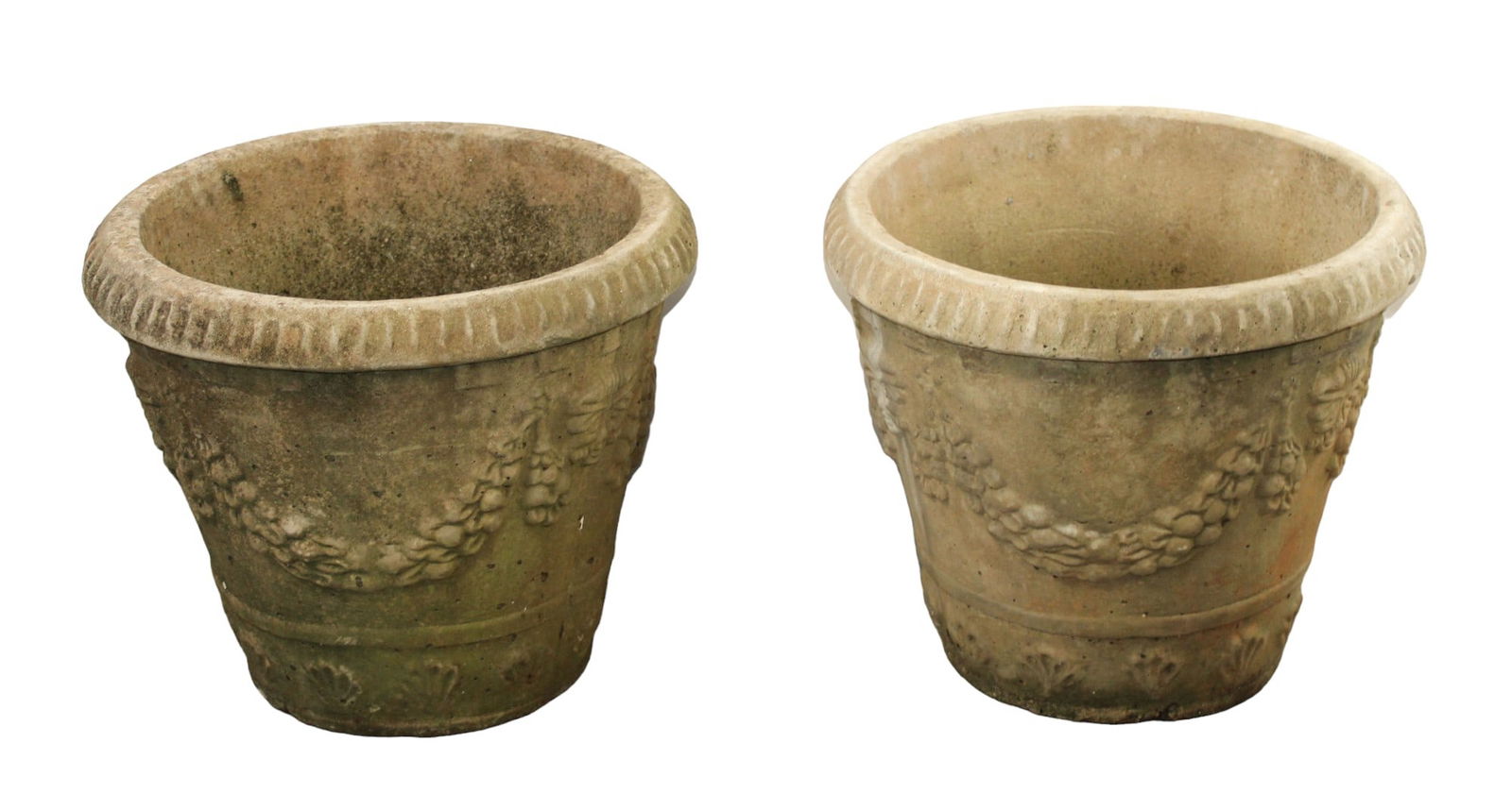 Pair of cast concrete garden planters with grapevines in relief (1 of 5)