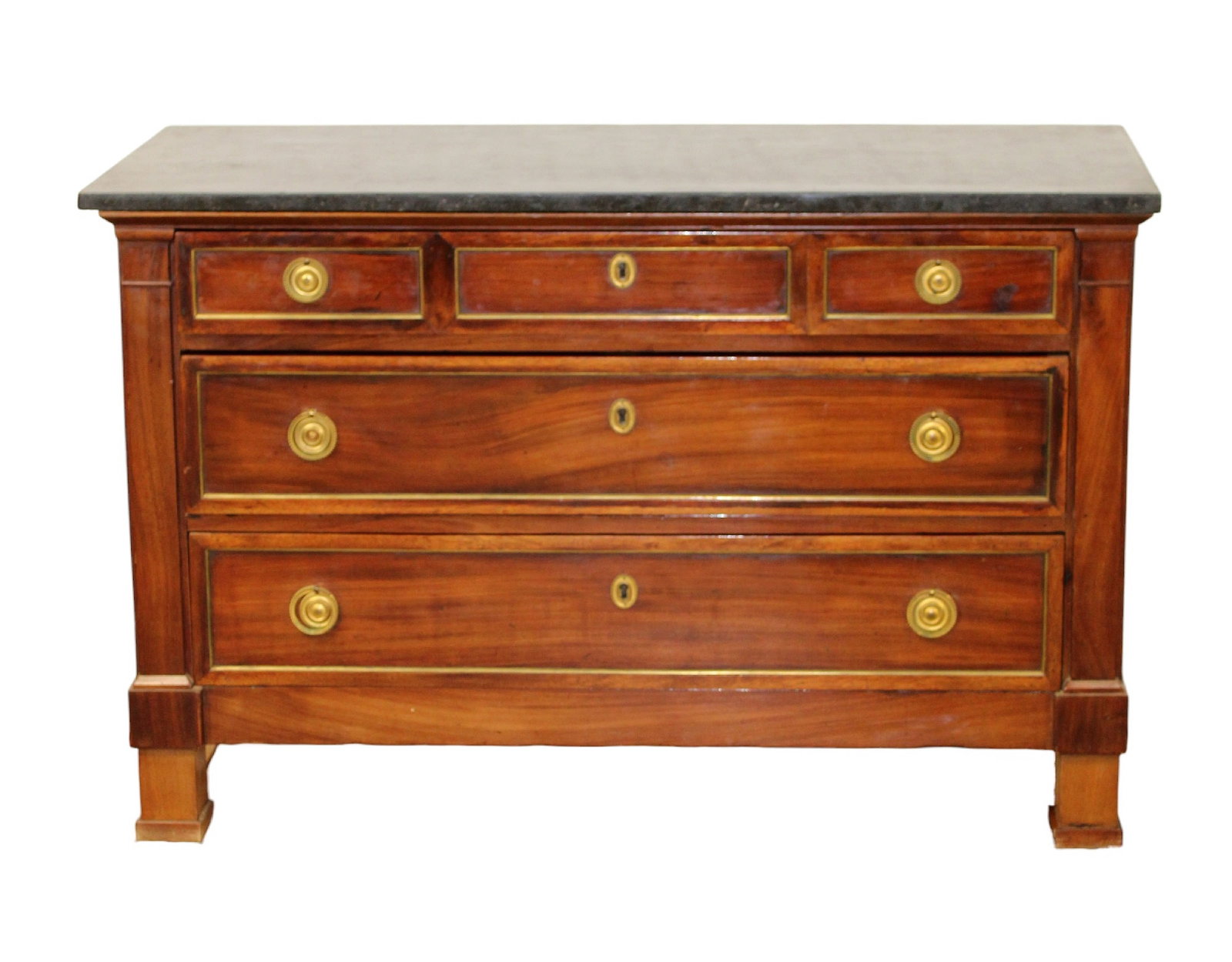 French Louis XVI style 3 drawer commode in mahogany with bronze banded drawers and a marble top (1 of 10)