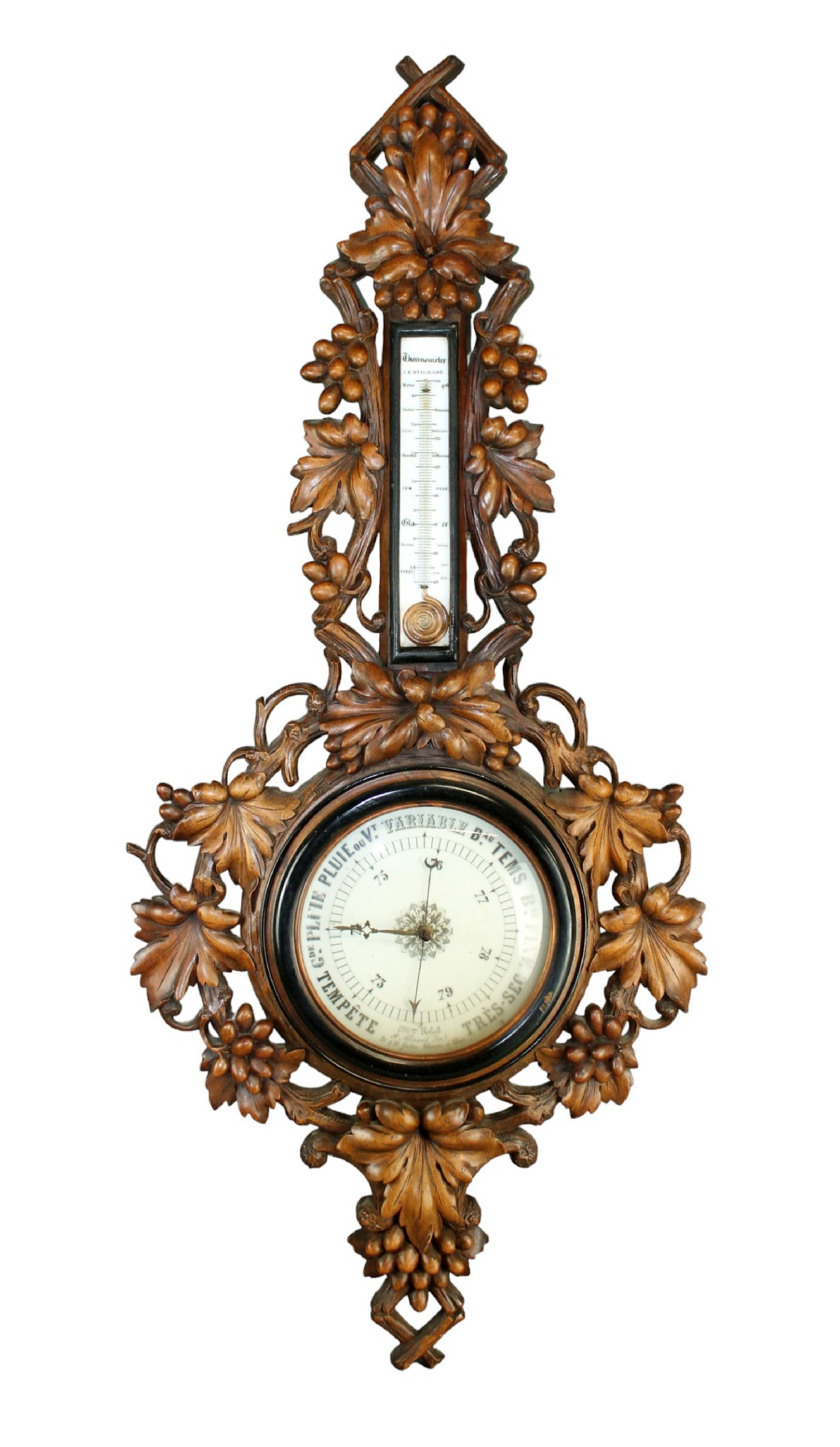 French carved walnut wall mount barometer (1 of 10)