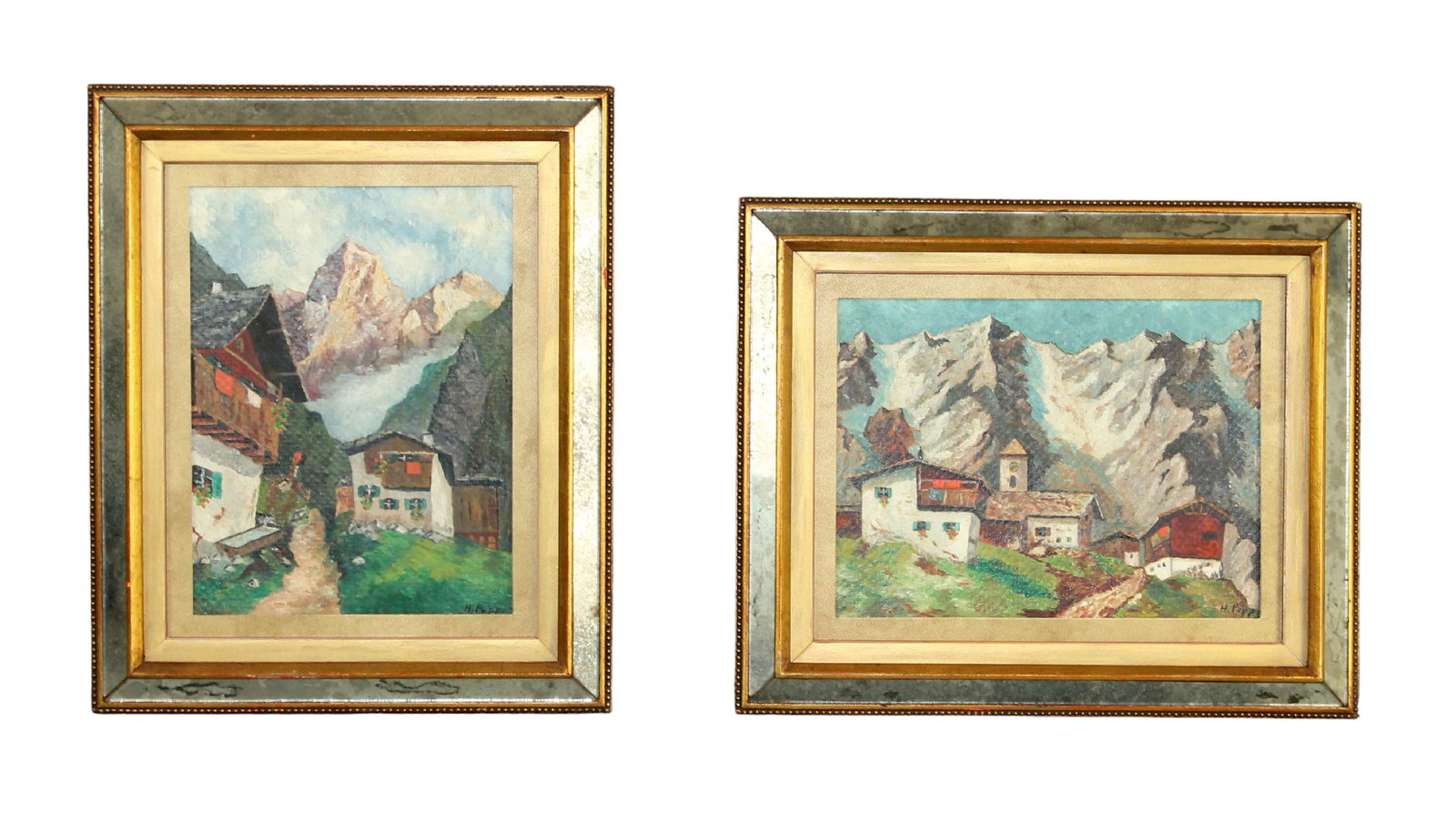 Lot of 2 watercolor on board paintings of Alpine scene, signed H. Poppe (1 of 9)