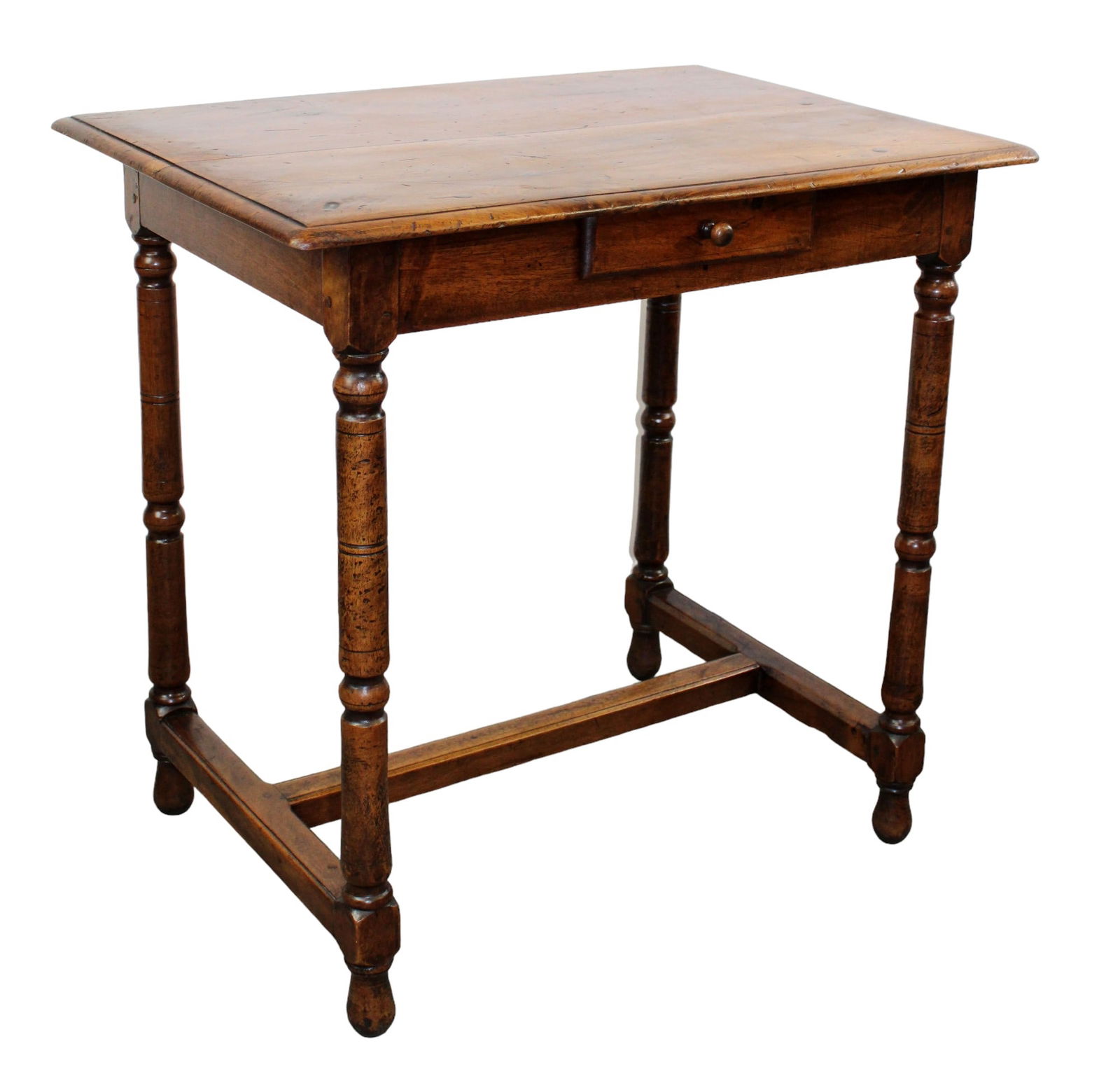 French side table writing desk with drawer: French side table writing desk with single drawer. In walnut on turned legs. Late 19th century. 28 1/2"h x 30"w x 20 1/2"d