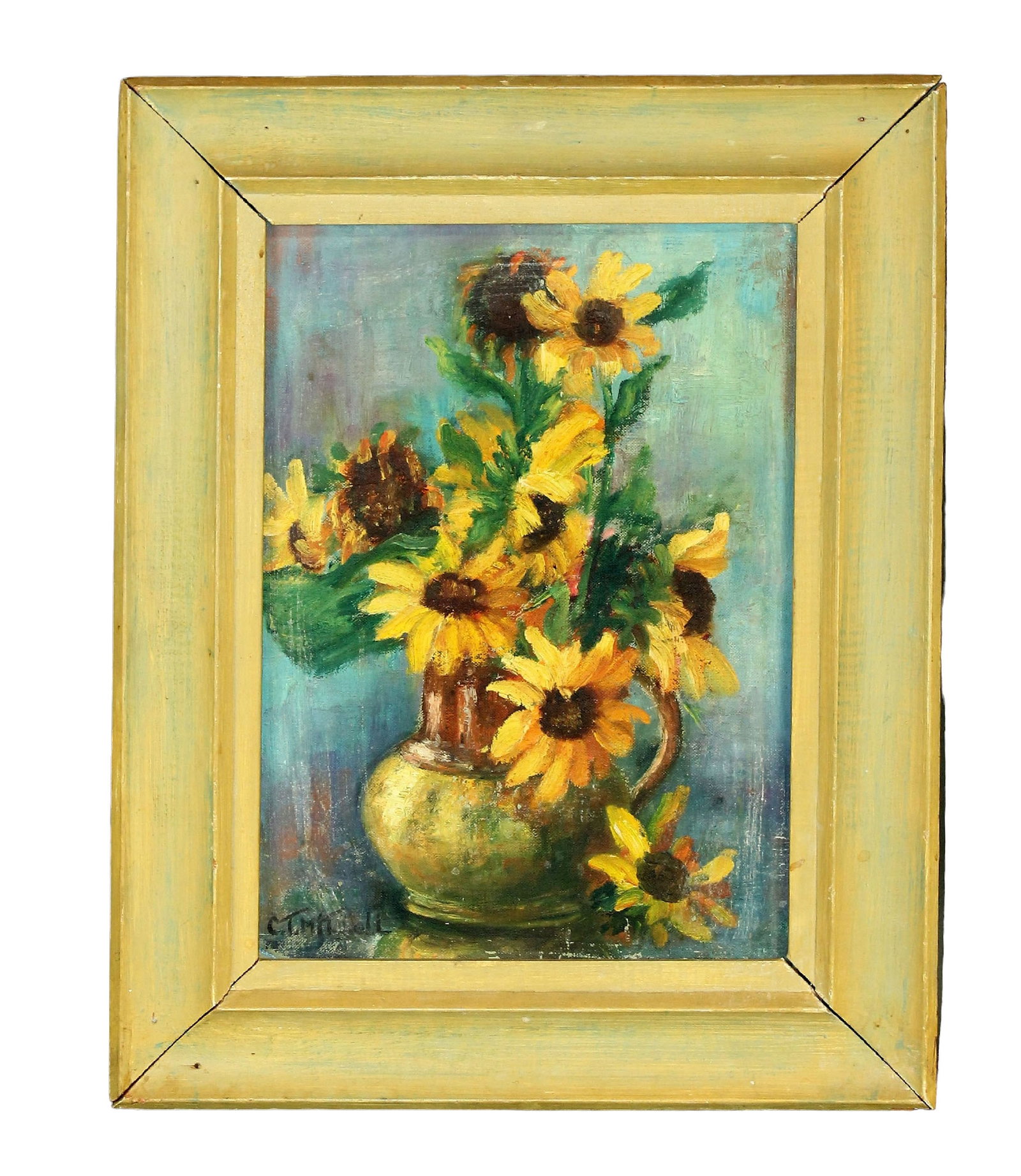 Oil on board stilll life painting of sunflowers, signed C.T Mitchell: Oil on board still life painting of sunflowers, signed C.T Mitchell. Noted on back artist: Cornelia Thomas Mitchell. 19 1/4"h x 14 7/8"w. Sight: 13 3/4"h x 9 1/2"w. Weight: 2 lbs