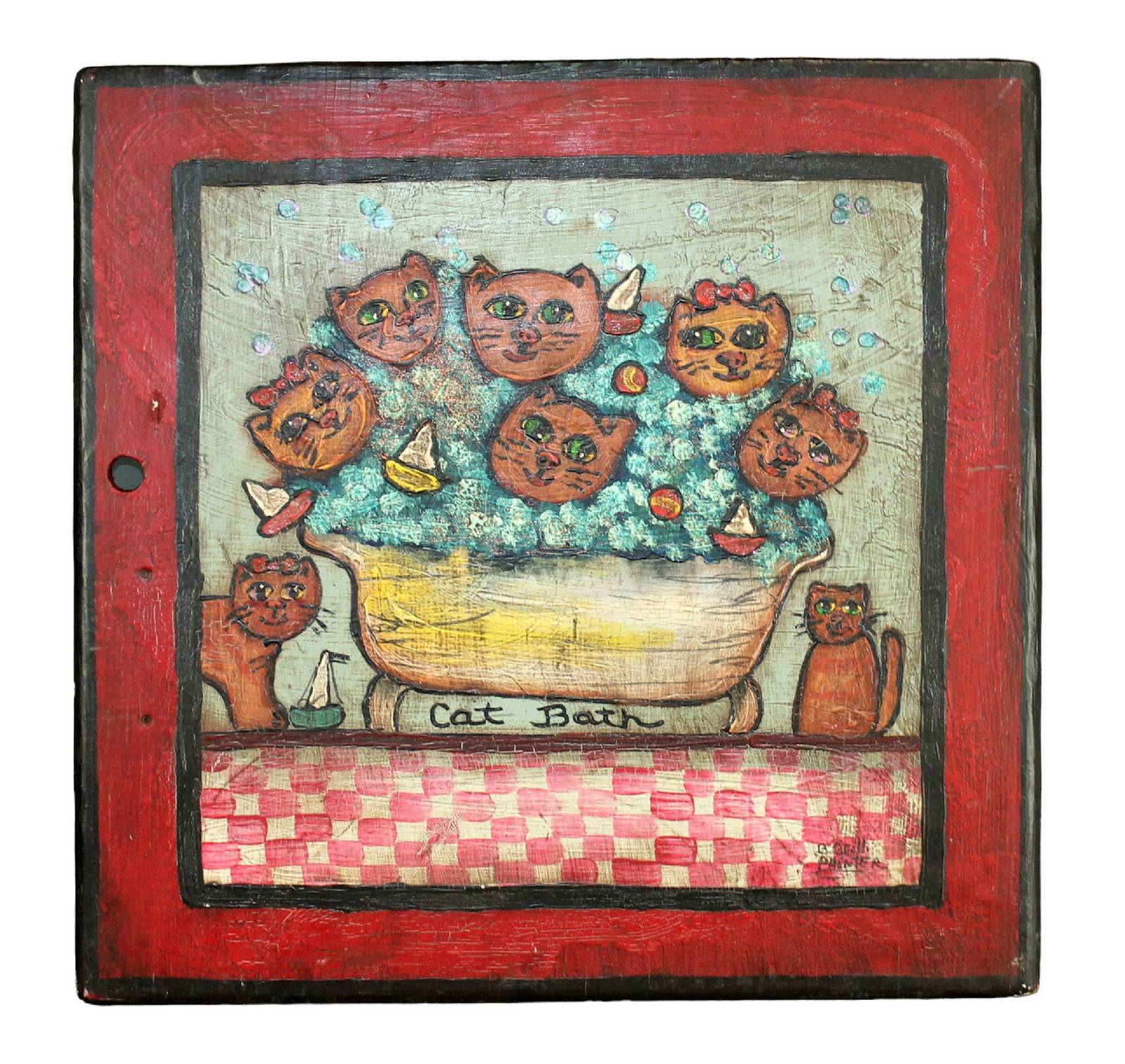 B. Brilli Folk Art painting on board "Cat Bath": B. Brilli Folk Art painting on board "Cat Bath." Signed L/R "B. Grilli Painter" 20 1/4" squared Weight: 6lbs