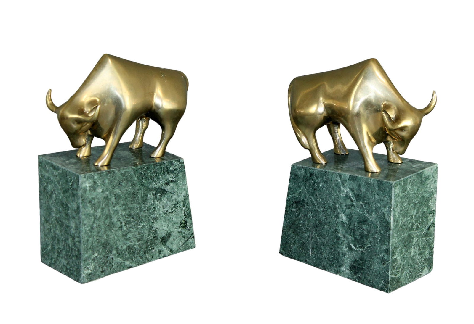 Pair of brass bull bookends on green marble plinths (1 of 8)