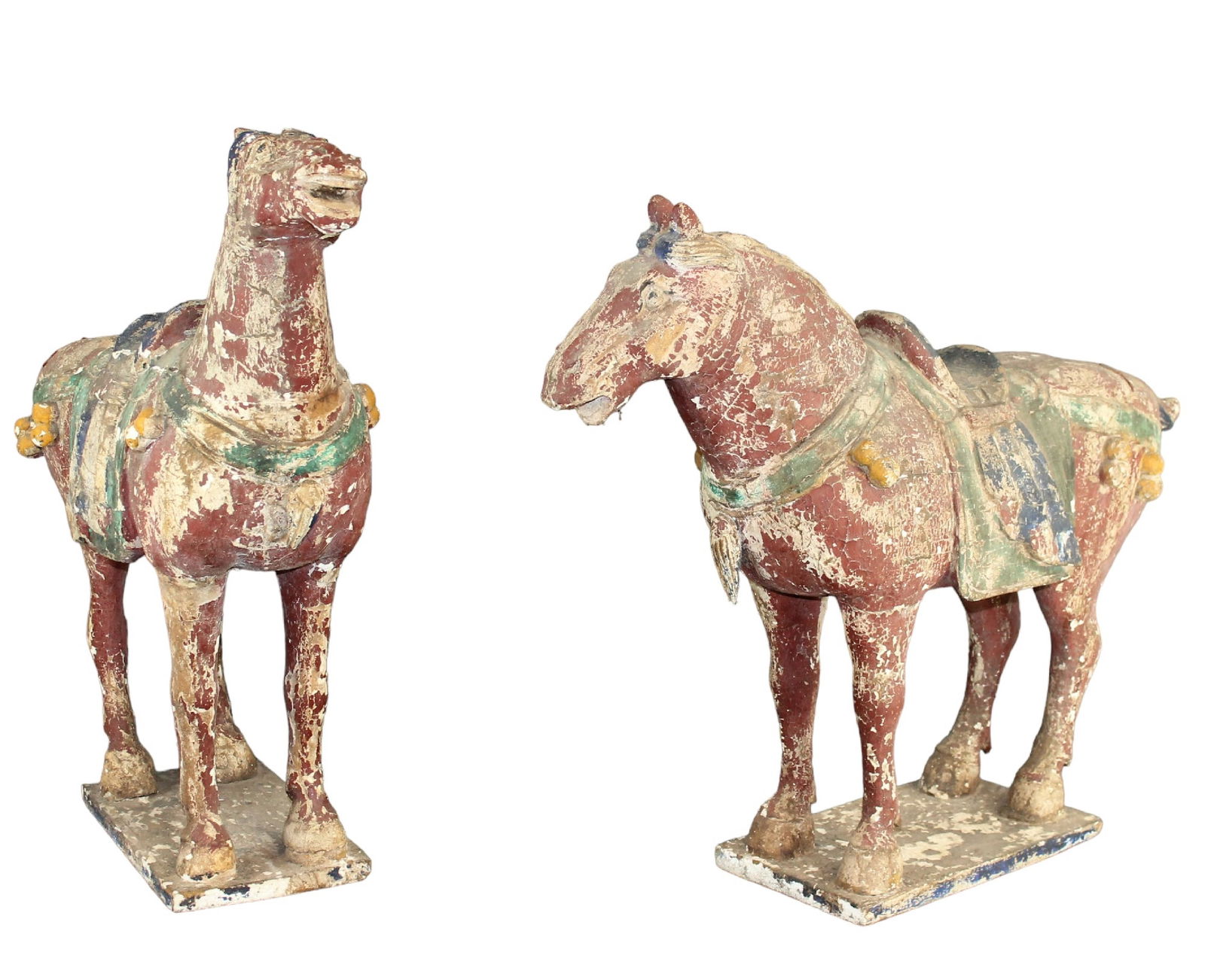 Pair of cast and painted plaster Chinese Tang horses: Pair of cast and painted plaster Chinese Tang horses. 25 1/2"h x 9"w x 29"d Weight: 24lbs
