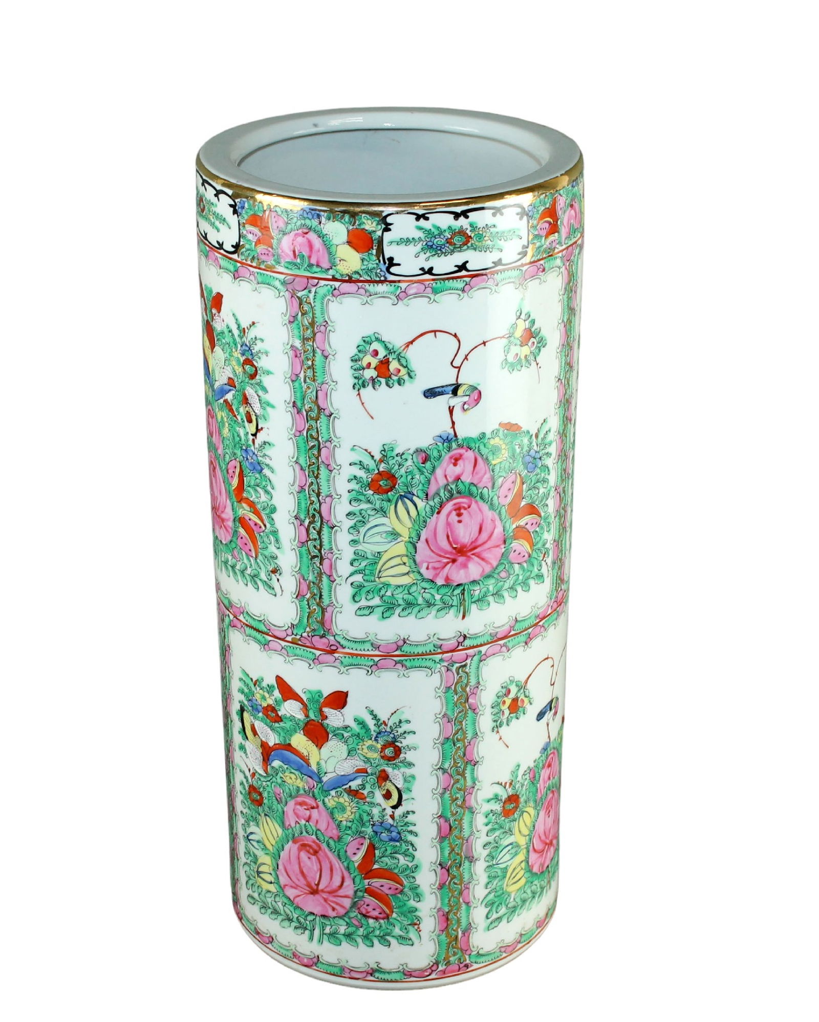 Chinese rose medallion painted ceramic cylinder umbrella stand with flowers (1 of 9)