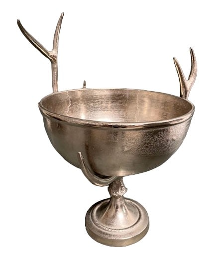 Aluminum pedestal bowl with antler form base: Aluminum pedestal bowl with antler form decorations. 21st century Overall 19"h, to the bowl 12 1/2"h x 14"w x 12 1/2"diam. Weight: 9 lbs