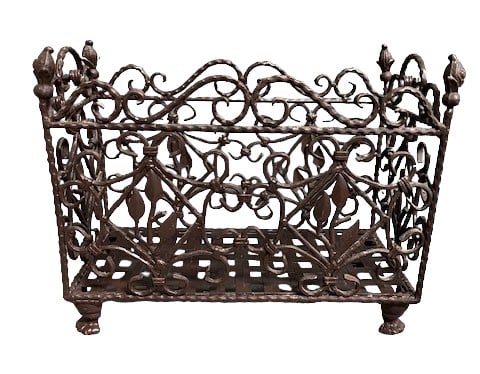 Wrought iron magazine holder: Wrought iron magazine holder. 12 3/4"h x 16 1/4"w x 8 1/4"d. Weight: 11 lbs