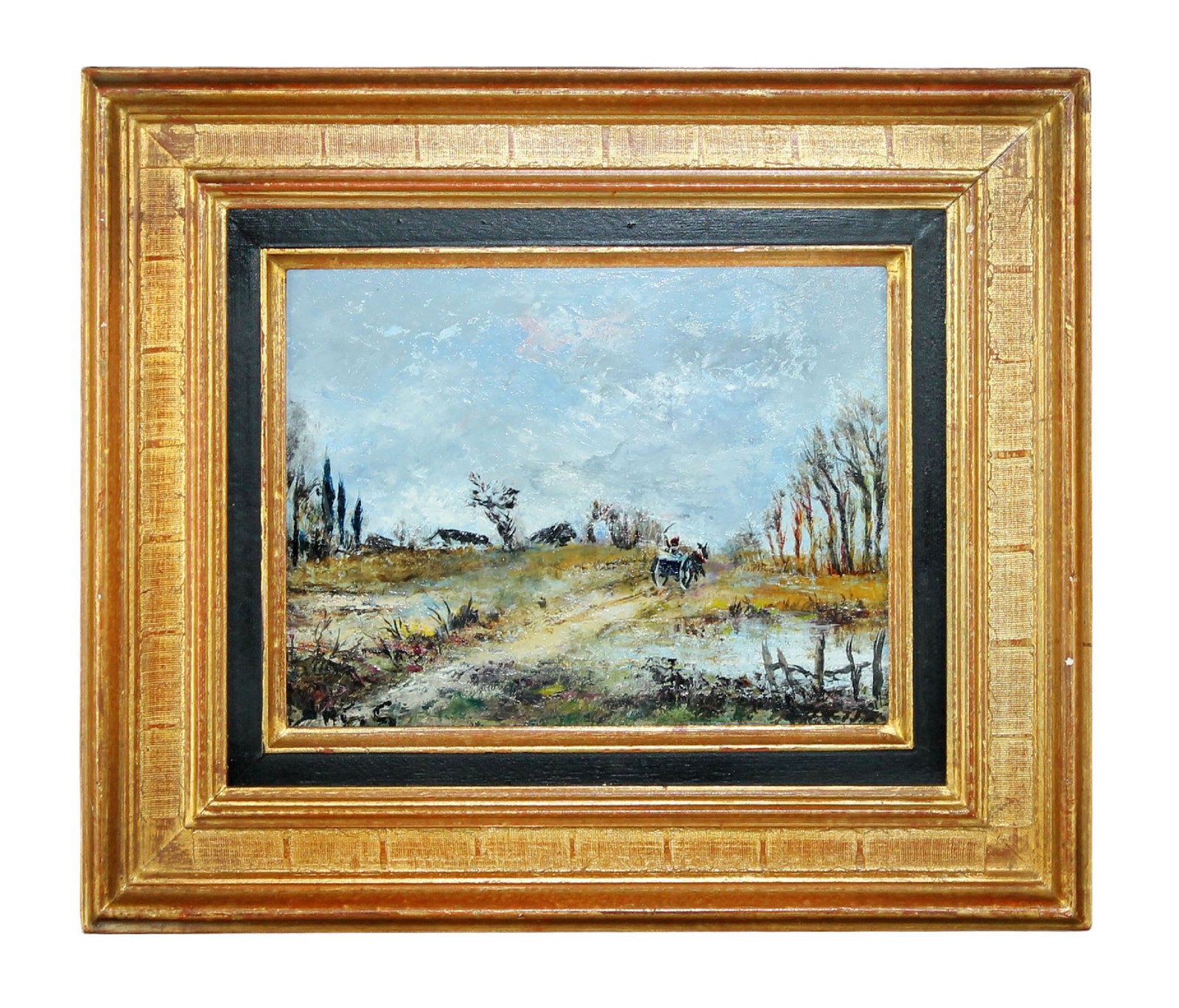 French oil on board painting landscape with chariot: French oil on board painting landscape with chariot. 13 1/4"h x 15"w. Weight: 1 lb.